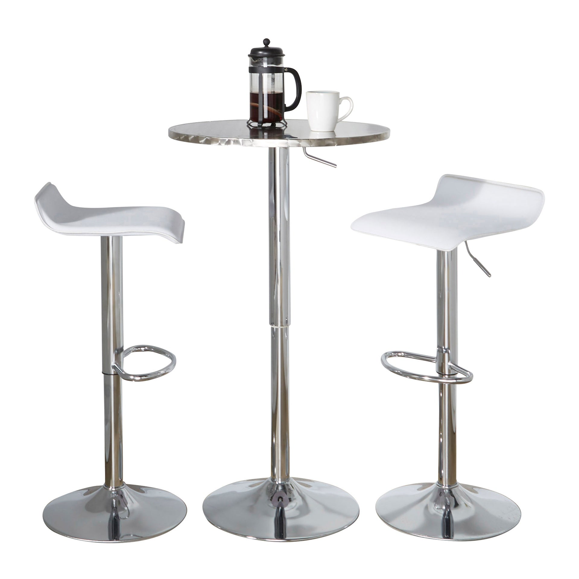 Bistro Round-Ale Contemporary Adjustable Bar Set in Silver and Chrome Metal with White PVC and Oval Footrest by LumiSource - 3 Piece
