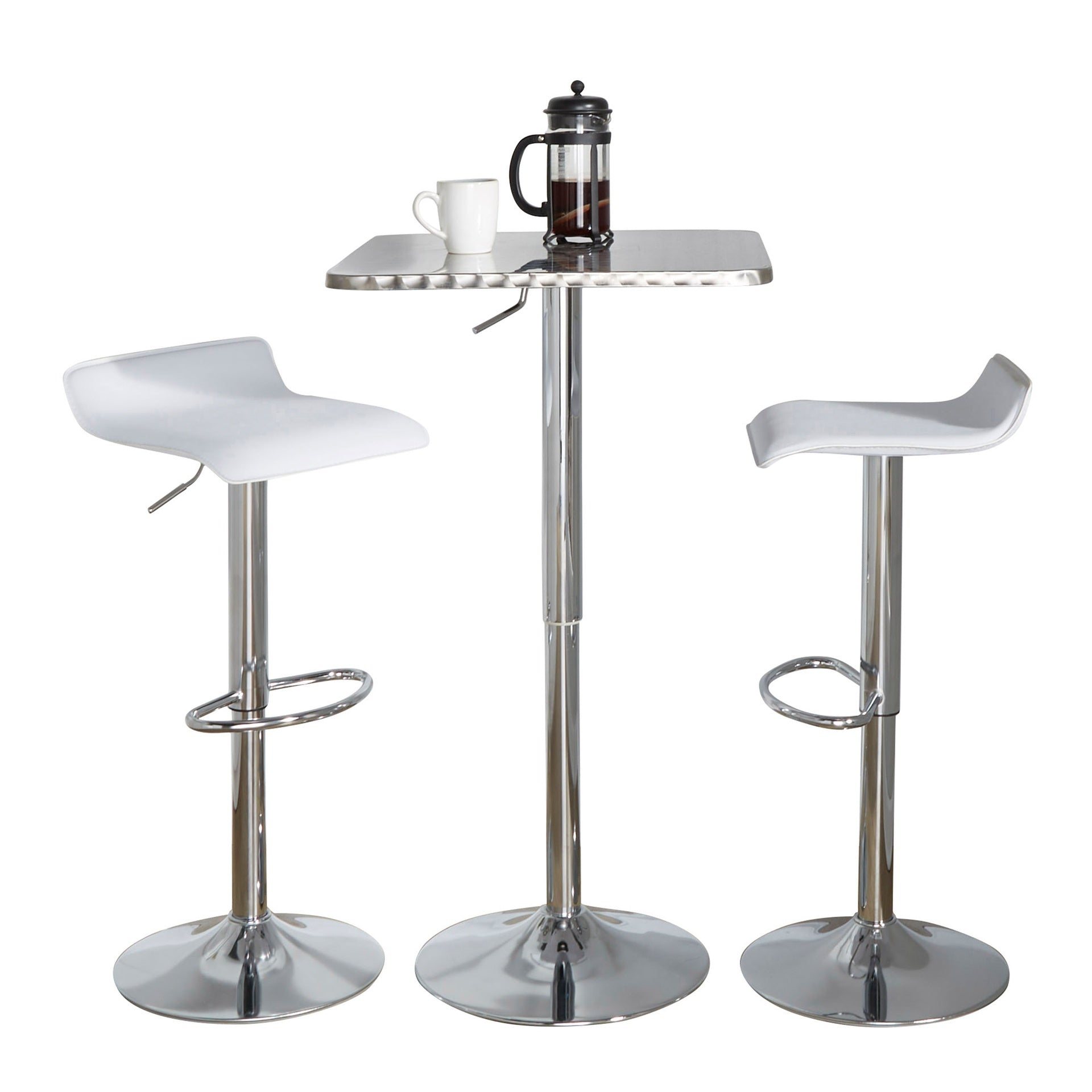Bistro Square-Ale Contemporary Adjustable Bar Set in Silver and Chrome Metal with White PVC and Oval Footrest by LumiSource - 3 Piece