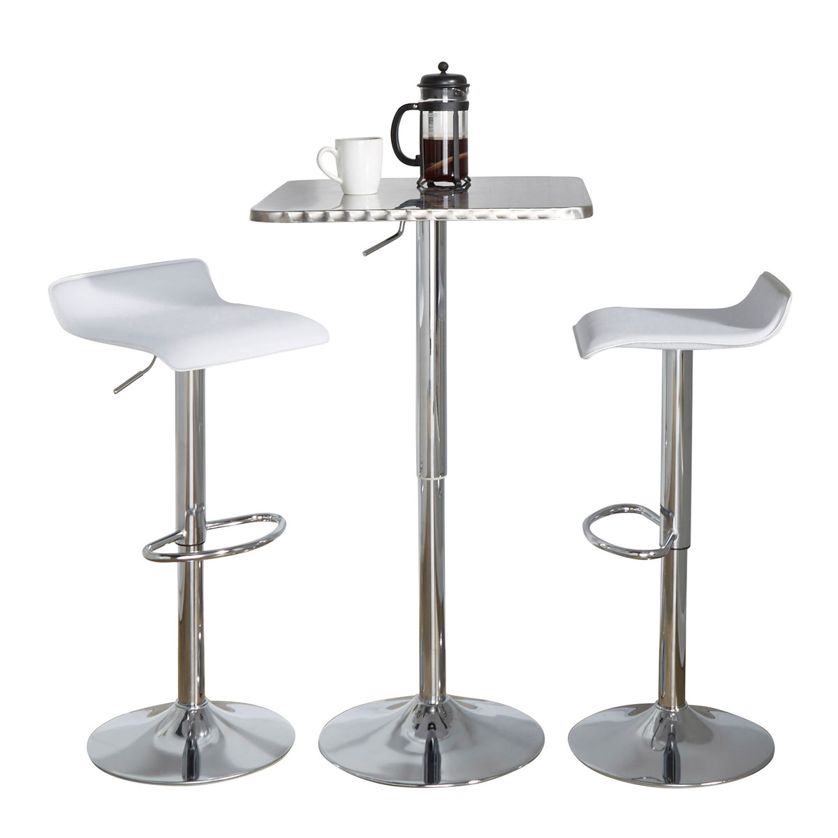 Bistro Square-Ale Contemporary Adjustable Bar Set in Silver and Chrome Metal with White PVC and Oval Footrest by LumiSource - 3 Piece