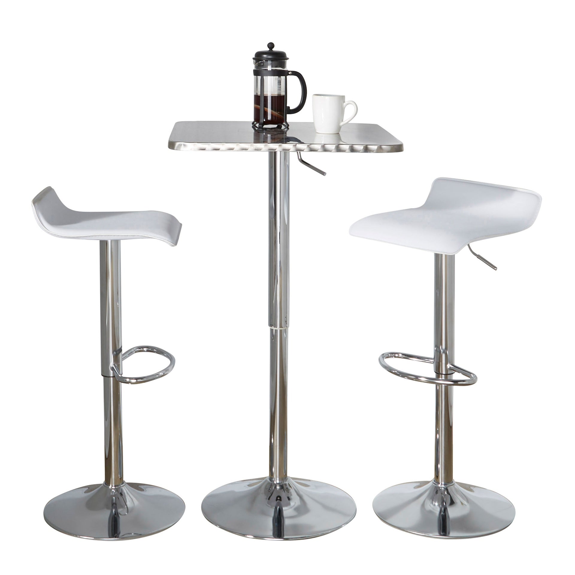 Bistro Square-Ale Contemporary Adjustable Bar Set in Silver and Chrome Metal with White PVC and Oval Footrest by LumiSource - 3 Piece