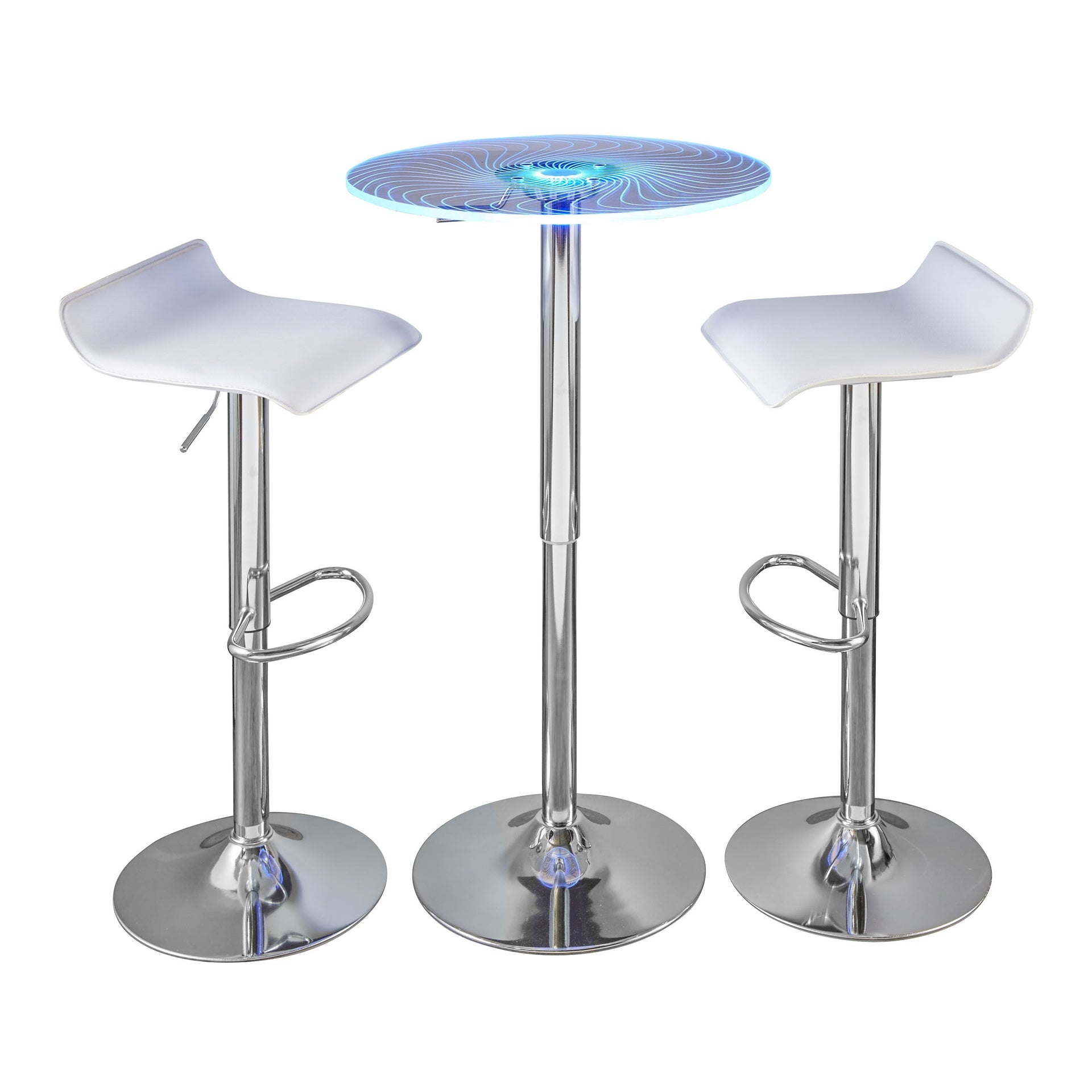 Spyra-Ale Contemporary Adjustable Bar Set in Chrome Metal, Clear Acrylic with Light Up Tabletop, and White PVC by LumiSource - 3 Piece