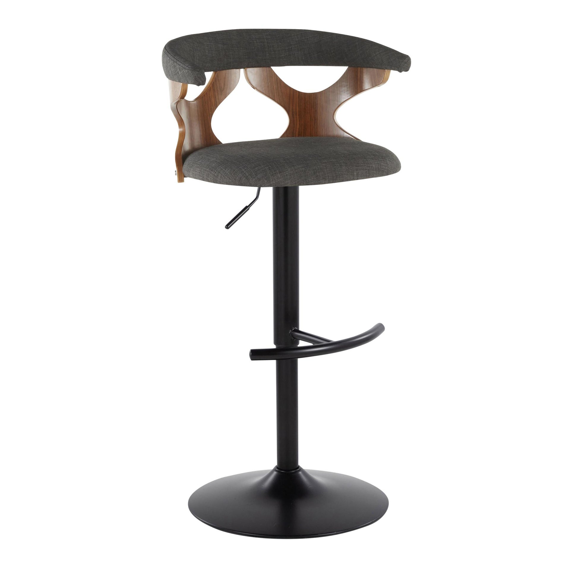 Gardenia Contemporary Adjustable Barstool with Swivel in Black Metal, Walnut Wood and Charcoal Fabric with Rounded T Footrest by LumiSource - Set of 2