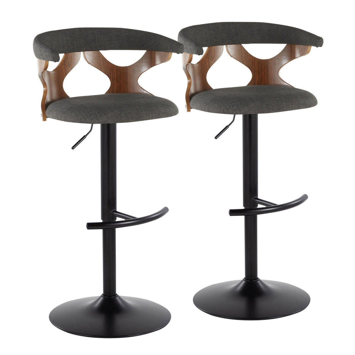 Gardenia Contemporary Adjustable Barstool with Swivel in Black Metal, Walnut Wood and Charcoal Fabric with Rounded T Footrest by LumiSource - Set of 2