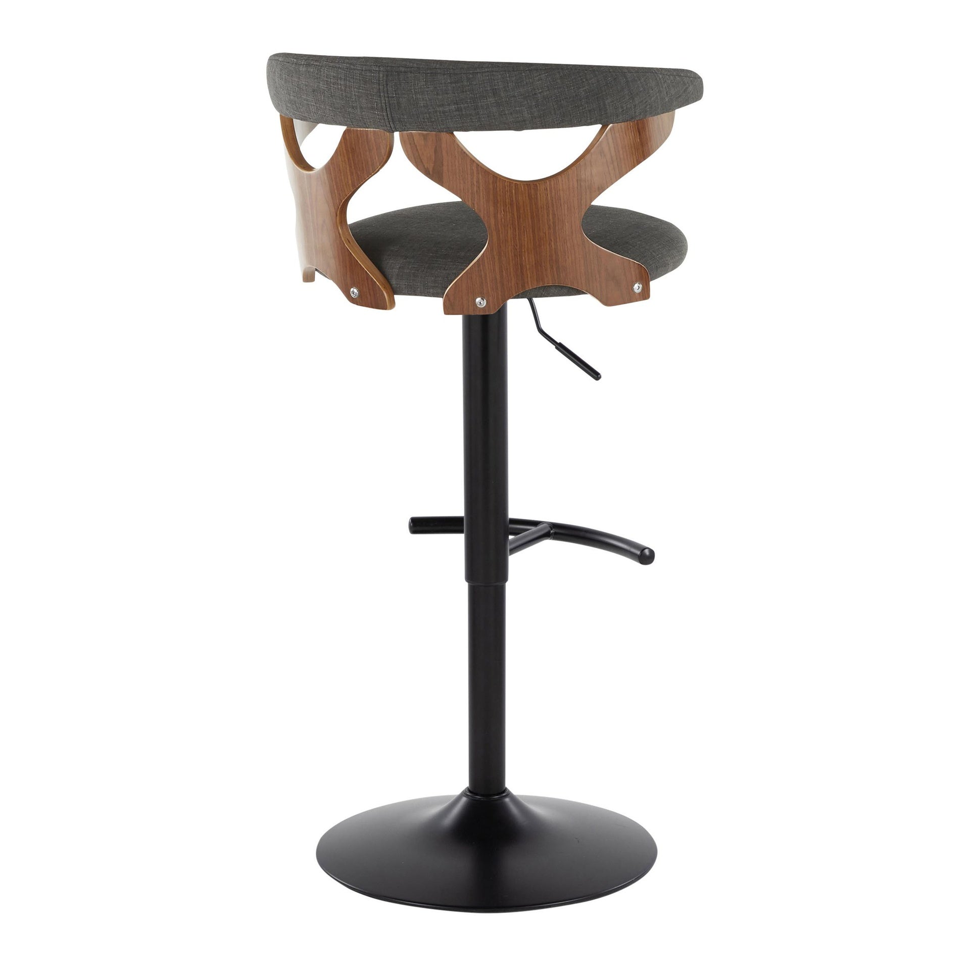 Gardenia Contemporary Adjustable Barstool with Swivel in Black Metal, Walnut Wood and Charcoal Fabric with Rounded T Footrest by LumiSource - Set of 2