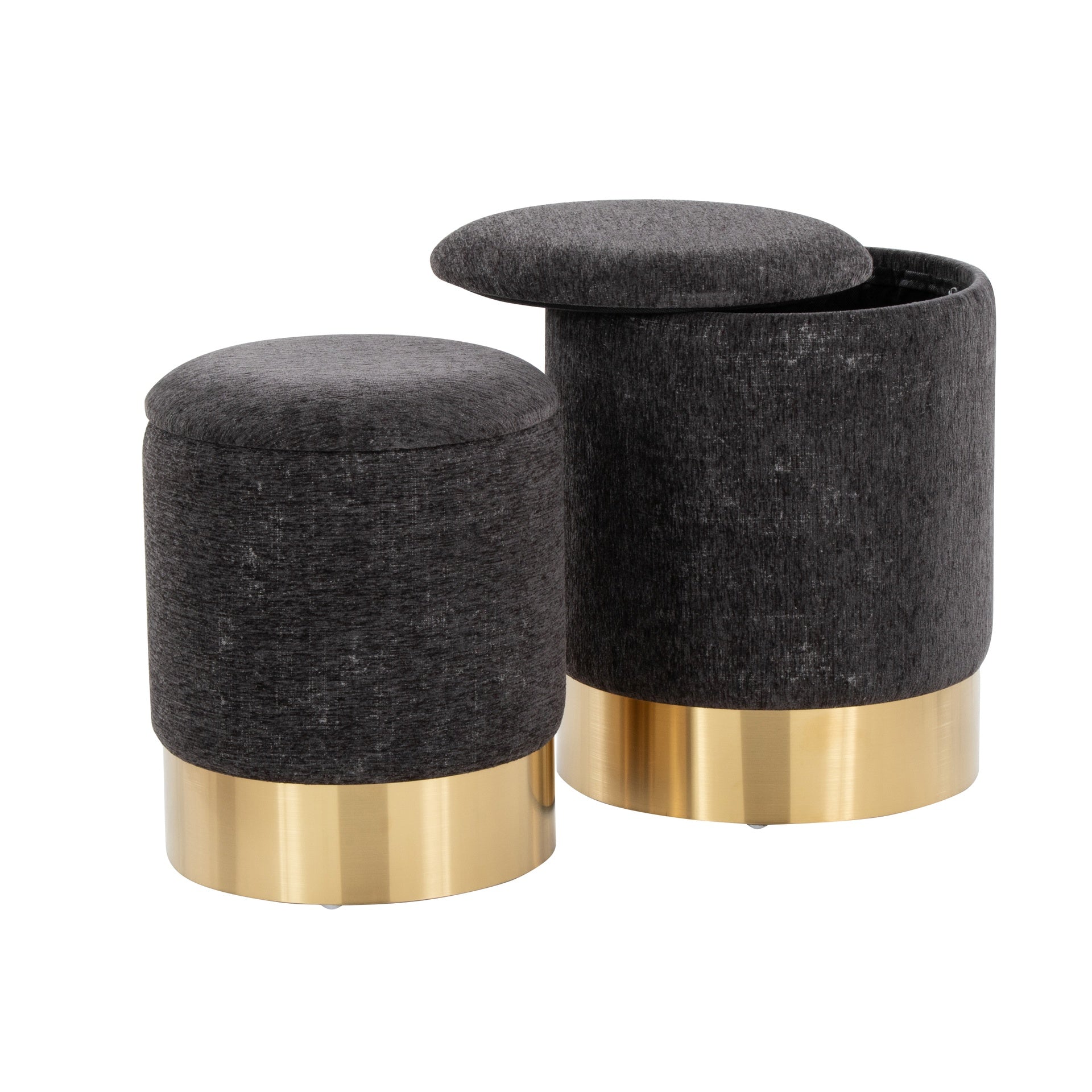 Marla Contemporary Nesting Ottoman Set in Gold Metal and Black Fabric by LumiSource
