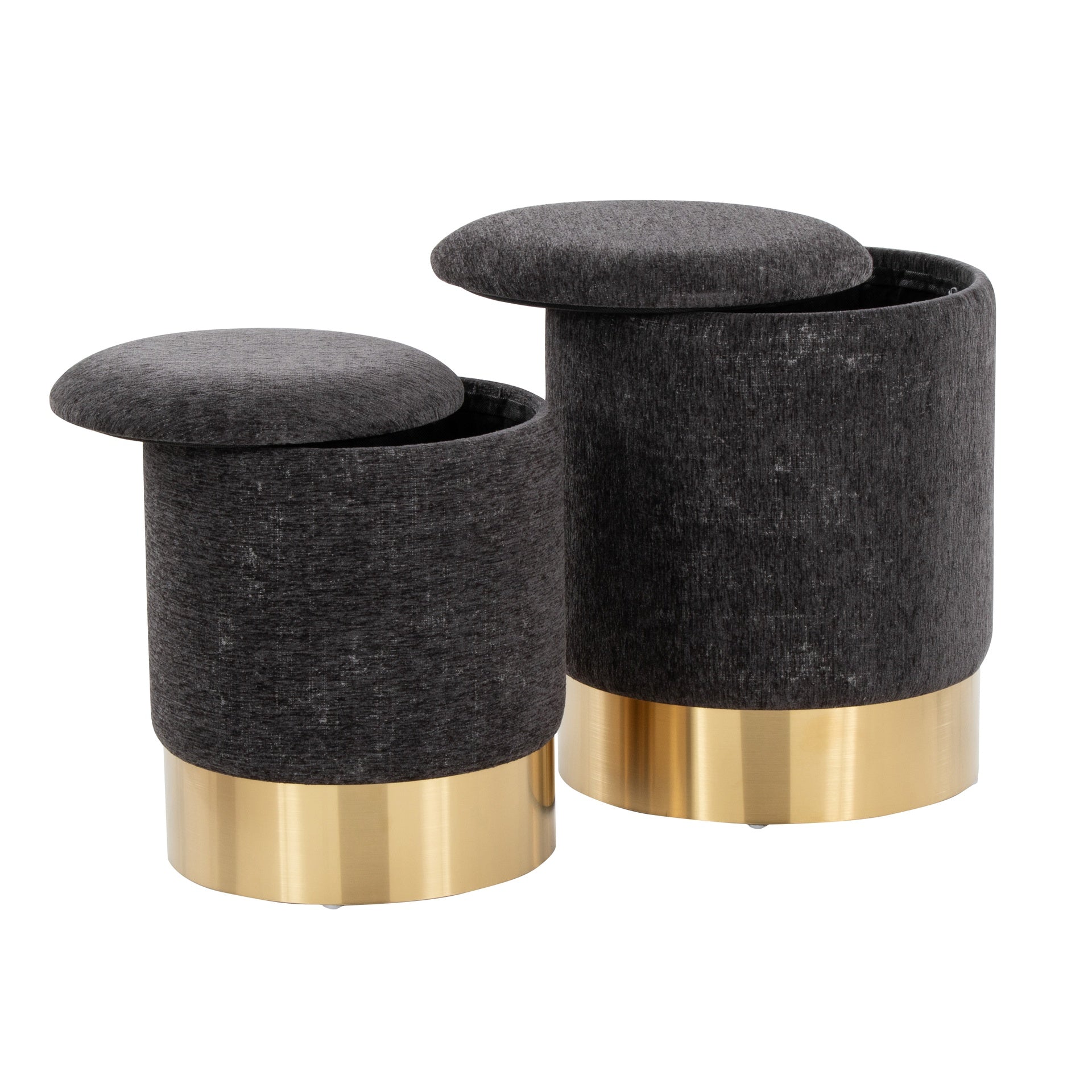 Marla Contemporary Nesting Ottoman Set in Gold Metal and Black Fabric by LumiSource