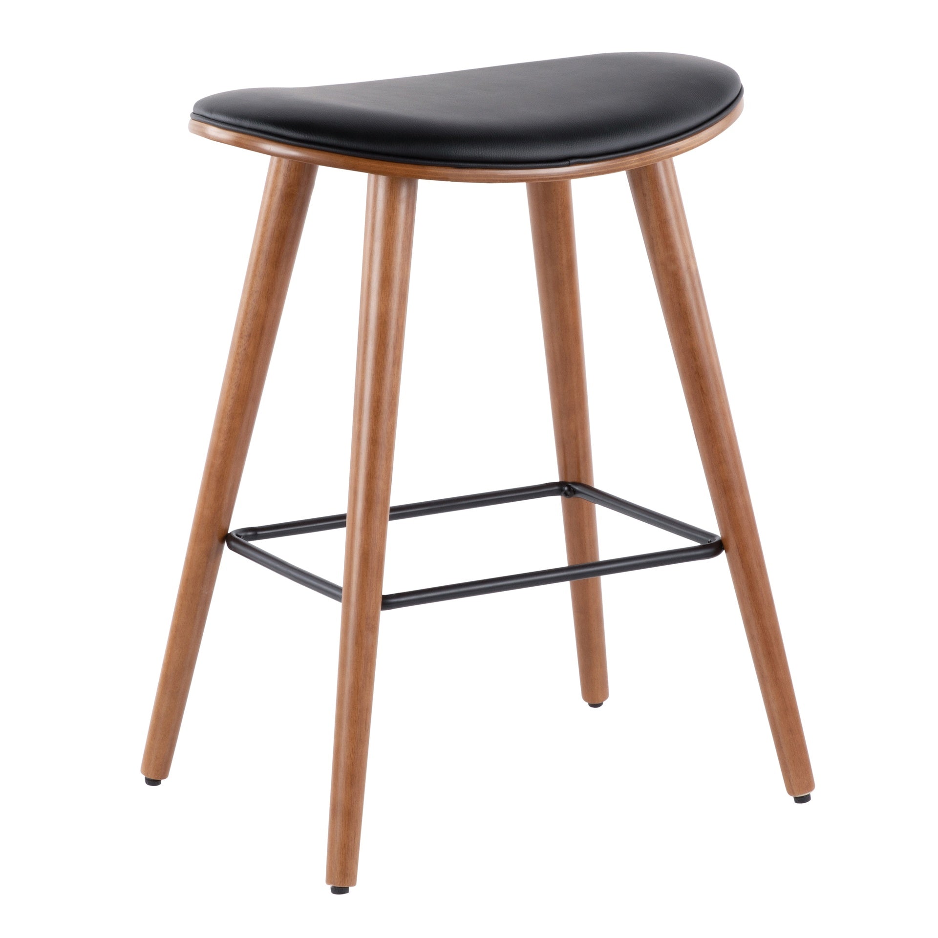 Saddle 26" Mid-Century Modern Counter Stool in Walnut and Black Faux Leather by LumiSource - Set of 2