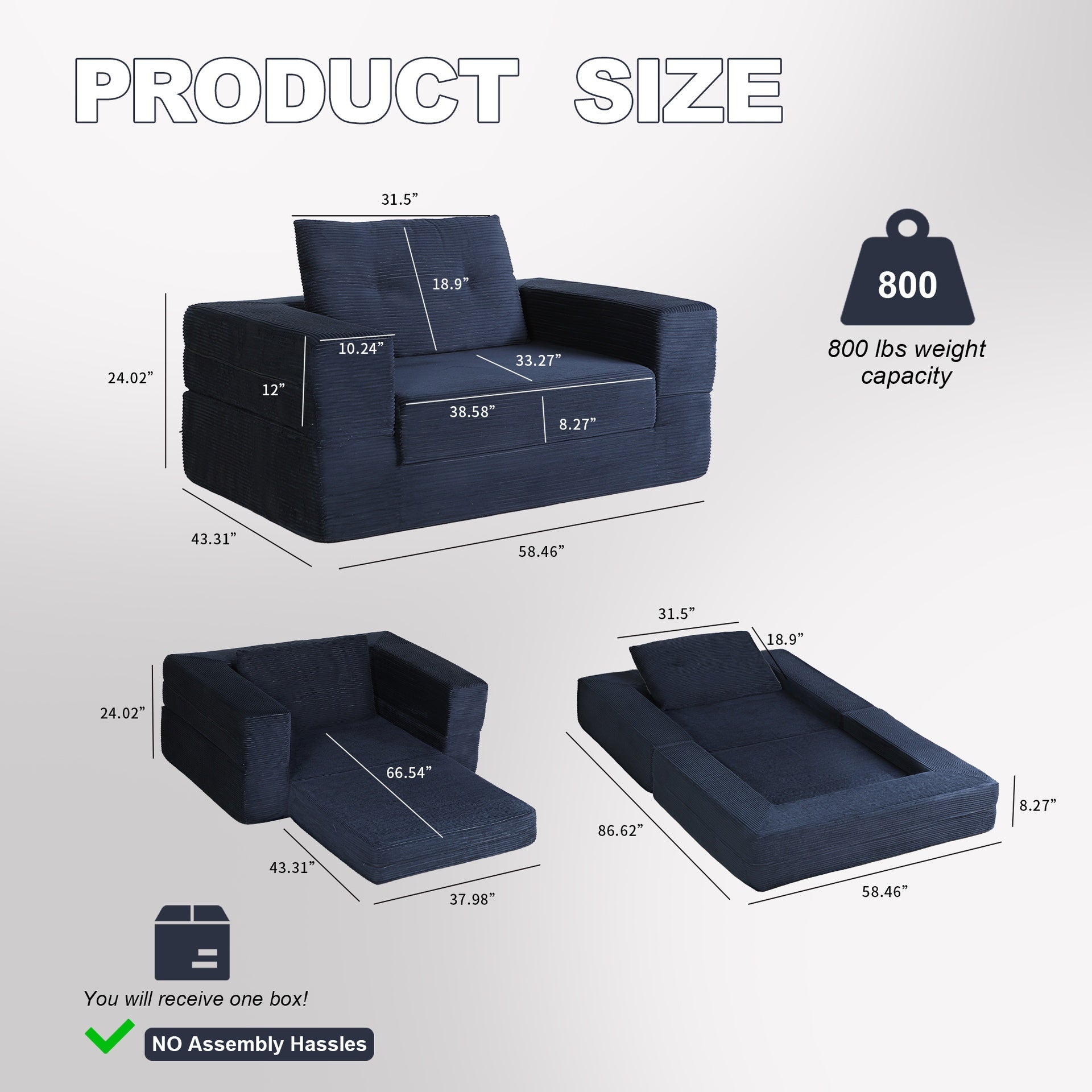 Compression Human Dog Sofa Bed for Adult & Pets,Modern Floor Couch With Pillow for Living Room Bedroom,Corduroy Fabric,No Assembly Required, Dark Blue