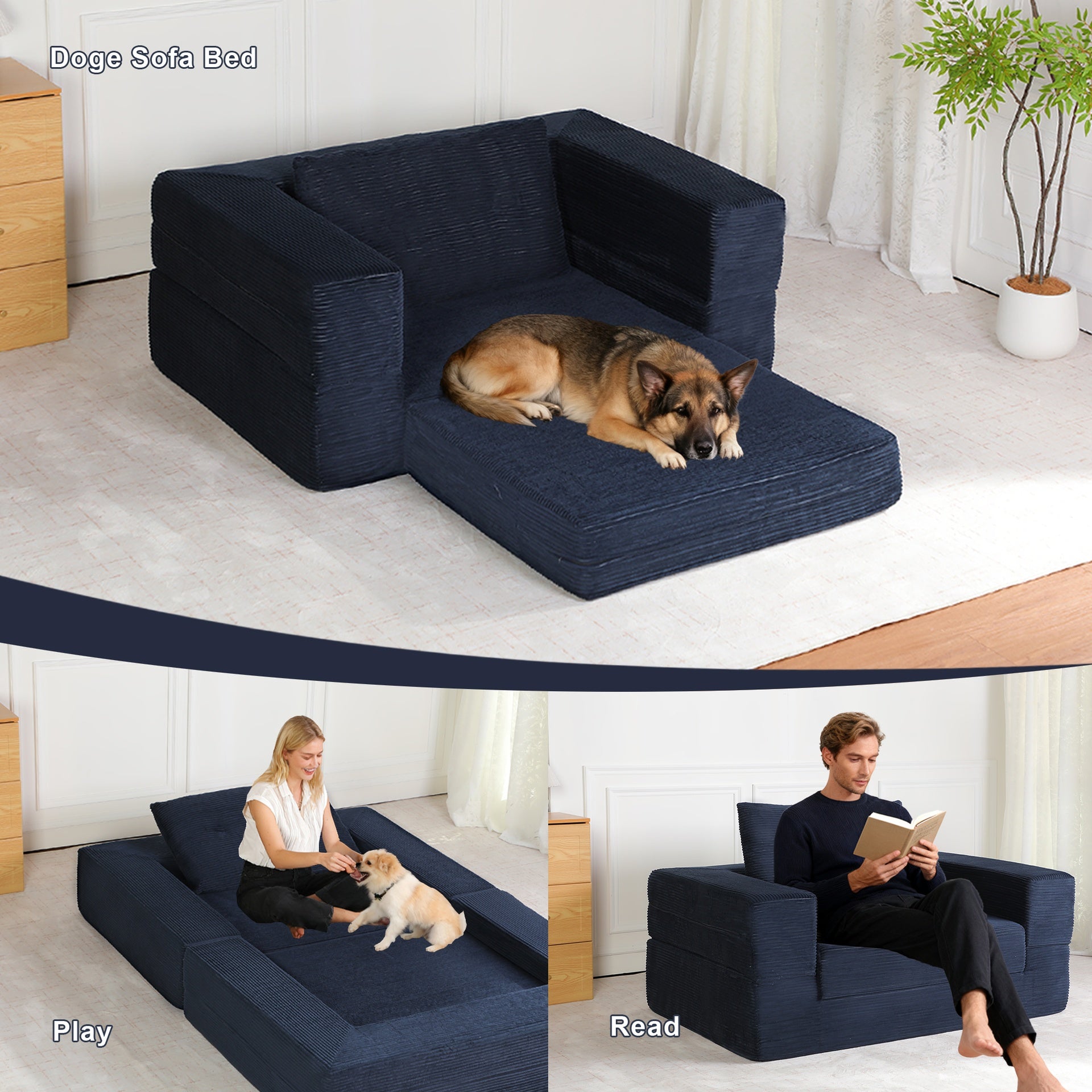 Compression Human Dog Sofa Bed for Adult & Pets,Modern Floor Couch With Pillow for Living Room Bedroom,Corduroy Fabric,No Assembly Required, Dark Blue