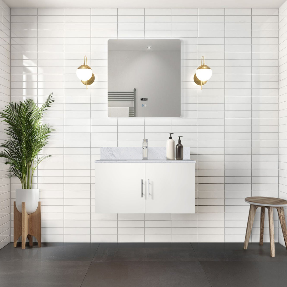 Glossy White Bath Vanity 36 in. W x 22 in. D, Carrara Marble Top, and Faucet Set
