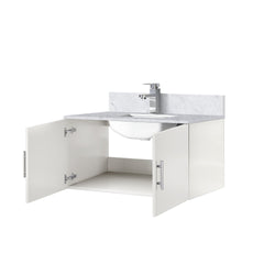 Glossy White Bath Vanity 36 in. W x 22 in. D, Carrara Marble Top, and Faucet Set