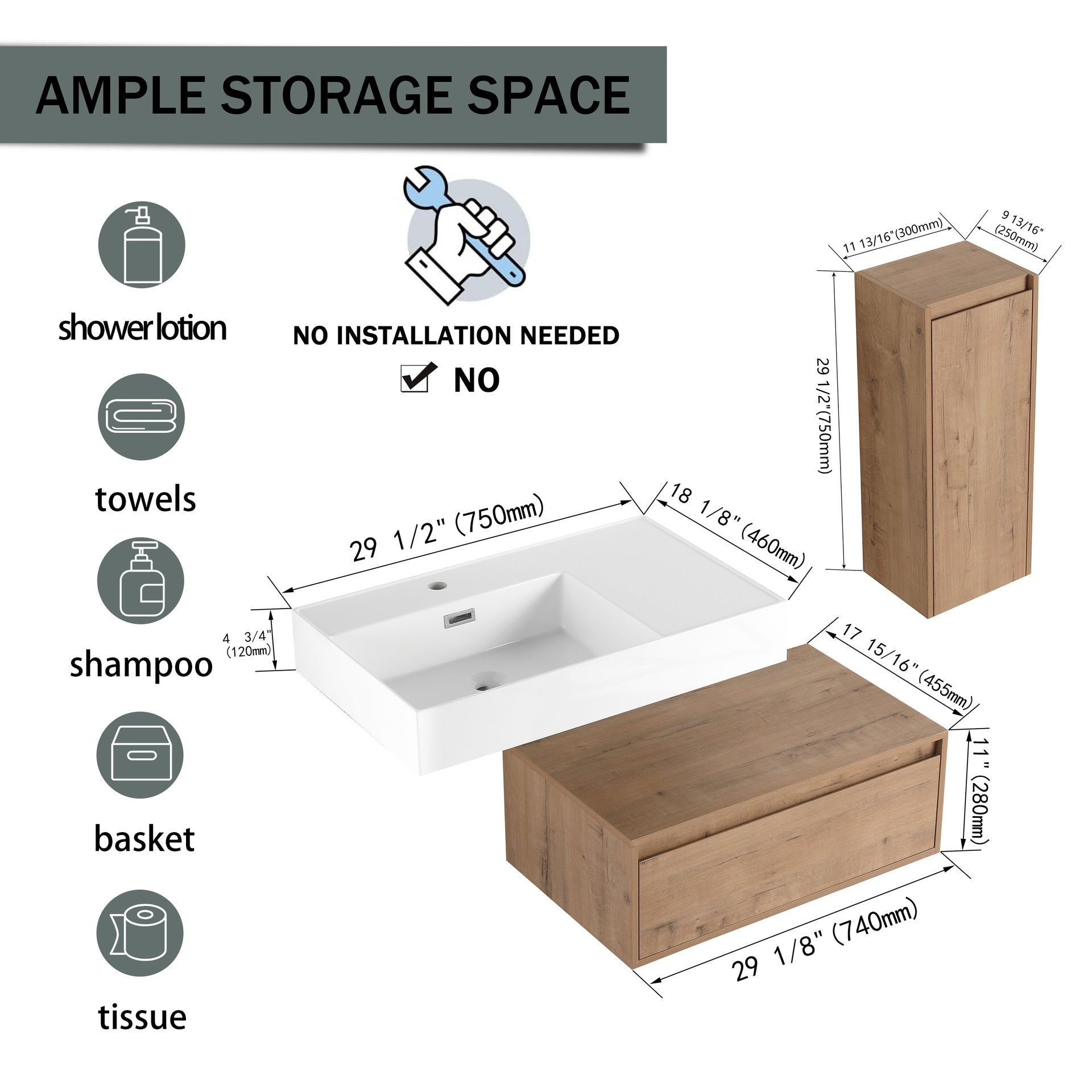 30 inch Wall-Mounted Bathroom  Vanity with Resin Sink and Side Cabinet,Soft Close Drawer (KD-Packing), 09430IMO-30L-SC00112IMO Combination Cabinet