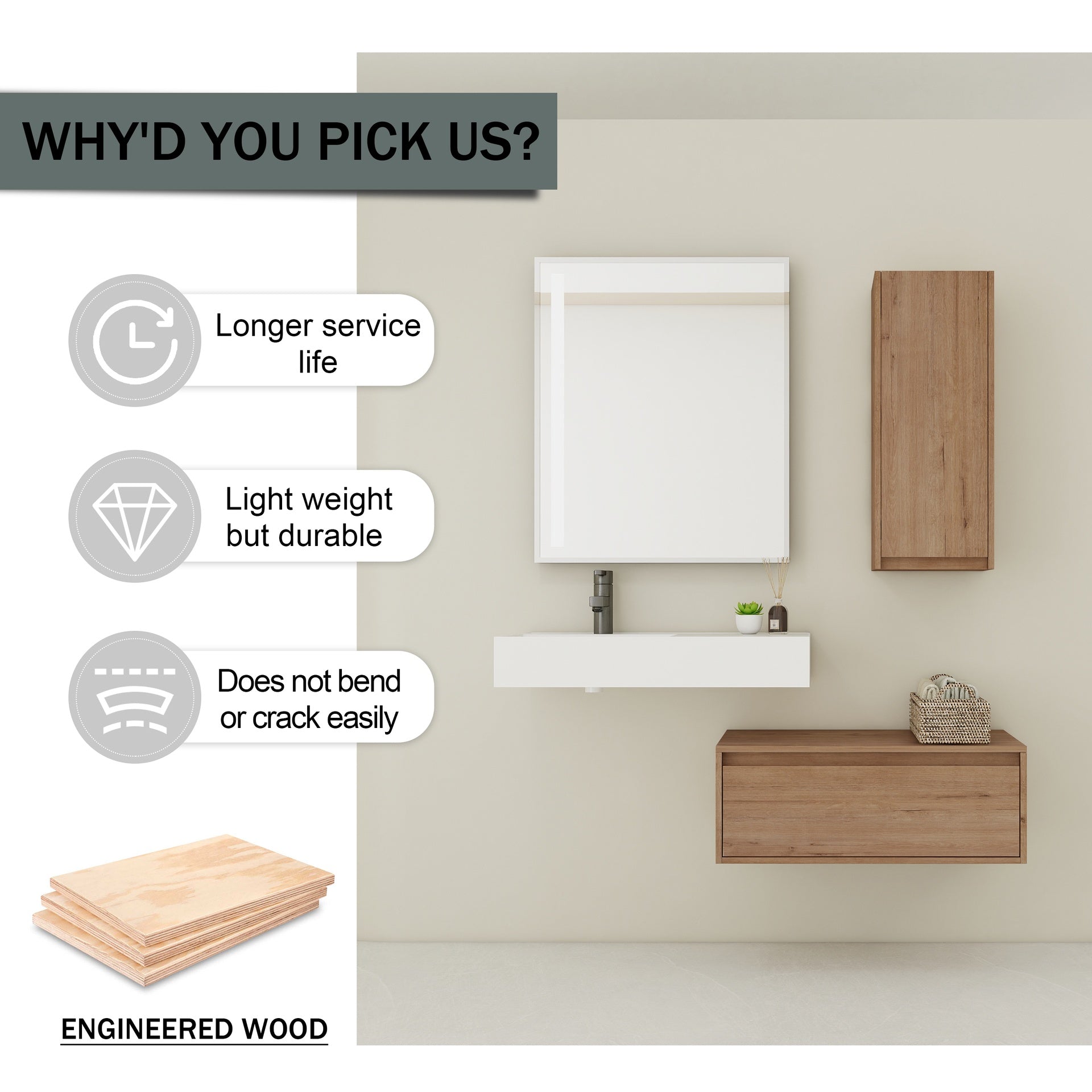 30 inch Wall-Mounted Bathroom  Vanity with Resin Sink and Side Cabinet,Soft Close Drawer (KD-Packing), 09430IMO-30L-SC00112IMO Combination Cabinet