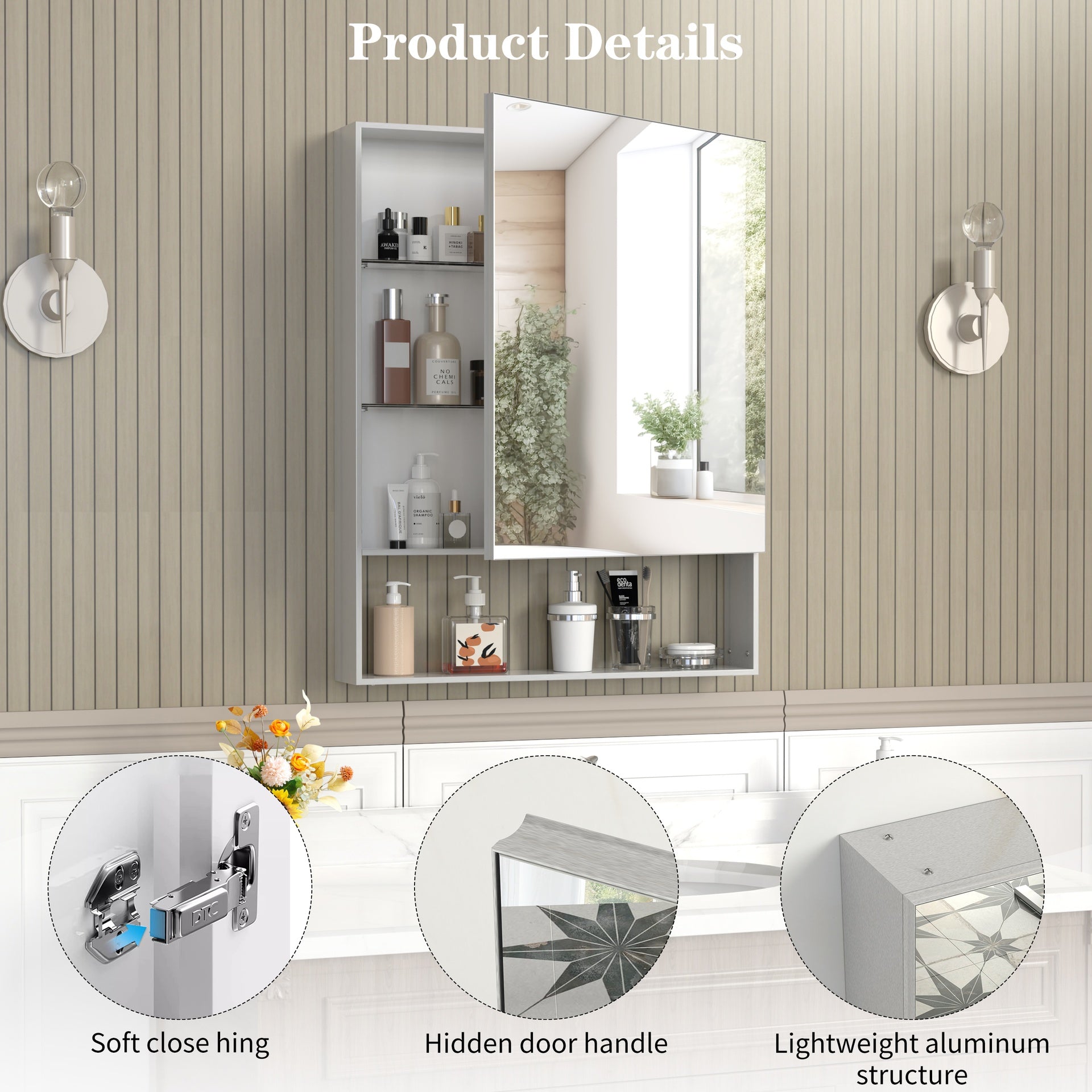 24'' x 30'' Medicine Cabinet with Mirror for Bathroom, Wall Mounted Bathroom Mirror with Storage, Adjustable Shelves, Aluminum Framework, Surface Mount Silver