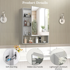 24'' x 30'' Medicine Cabinet with Mirror for Bathroom, Wall Mounted Bathroom Mirror with Storage, Adjustable Shelves, Aluminum Framework, Surface Mount Silver