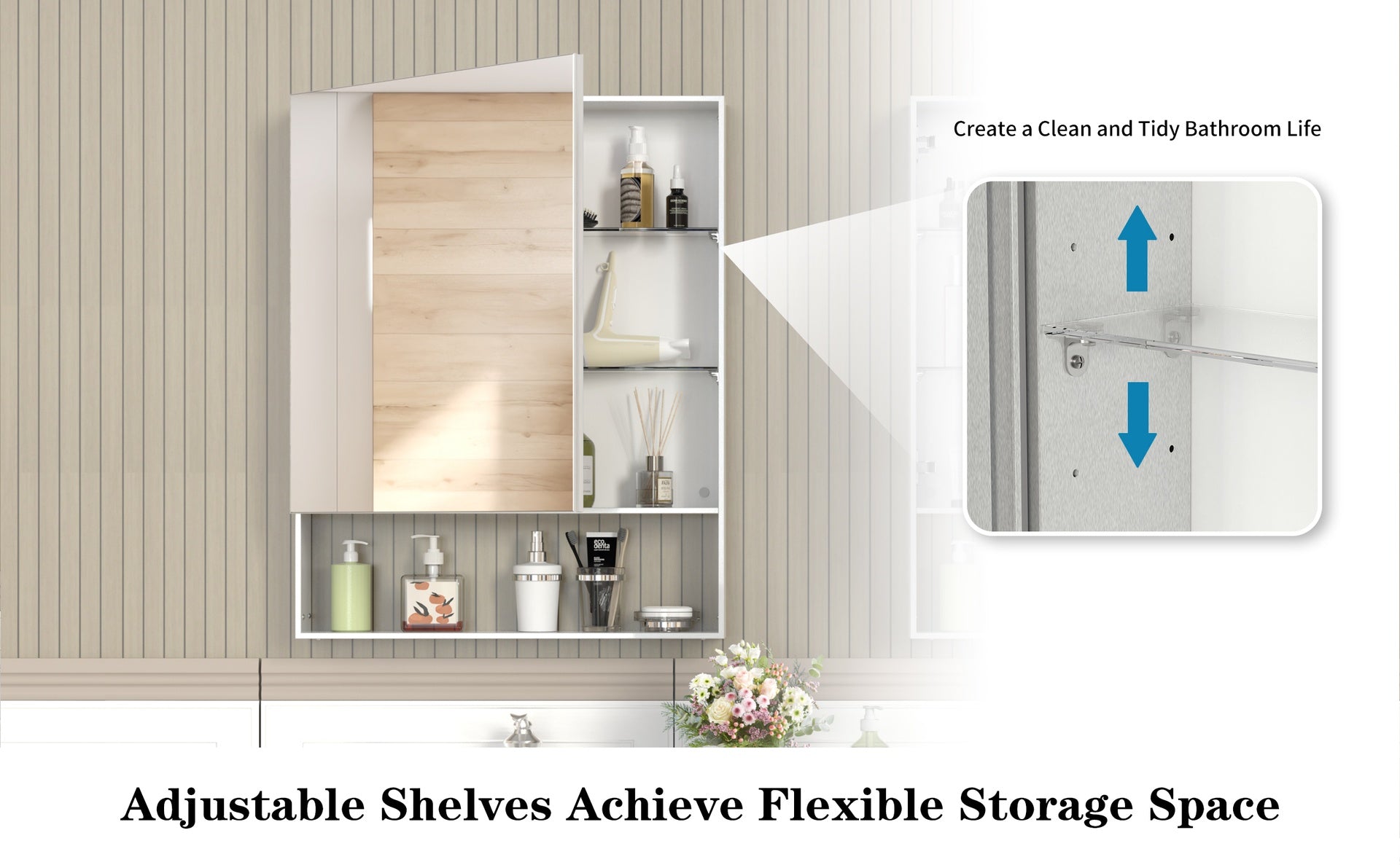 24'' x 30'' Medicine Cabinet with Mirror for Bathroom, Wall Mounted Bathroom Mirror with Storage, Adjustable Shelves, Aluminum Framework, Surface Mount Silver