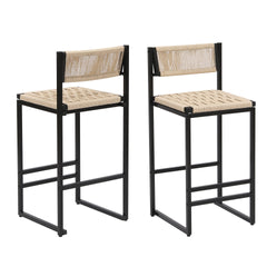 Set of 2 Woven Bar Stools with Backrest Paper Rope Weave Dining Chairs for Kitchen Island (Style B Black & Creamy White)