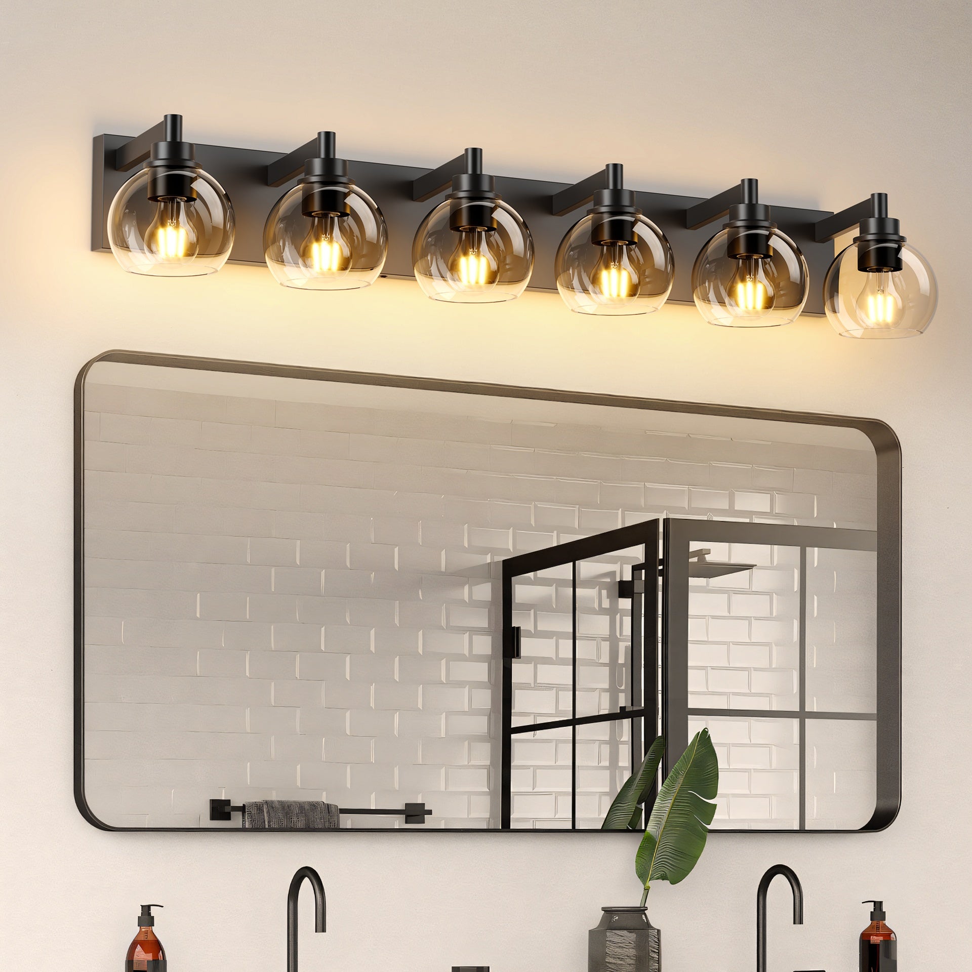 Farmhouse Bathroom Vanity Light Fixtures, 6-Light Bathroom Light Fixtures Over Mirror, Rustic Sconces Wall Lighting with Glass Shade for Living Room, Bedroom, Hallway