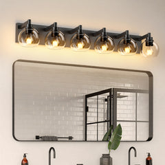 Farmhouse Bathroom Vanity Light Fixtures, 6-Light Bathroom Light Fixtures Over Mirror, Rustic Sconces Wall Lighting with Glass Shade for Living Room, Bedroom, Hallway