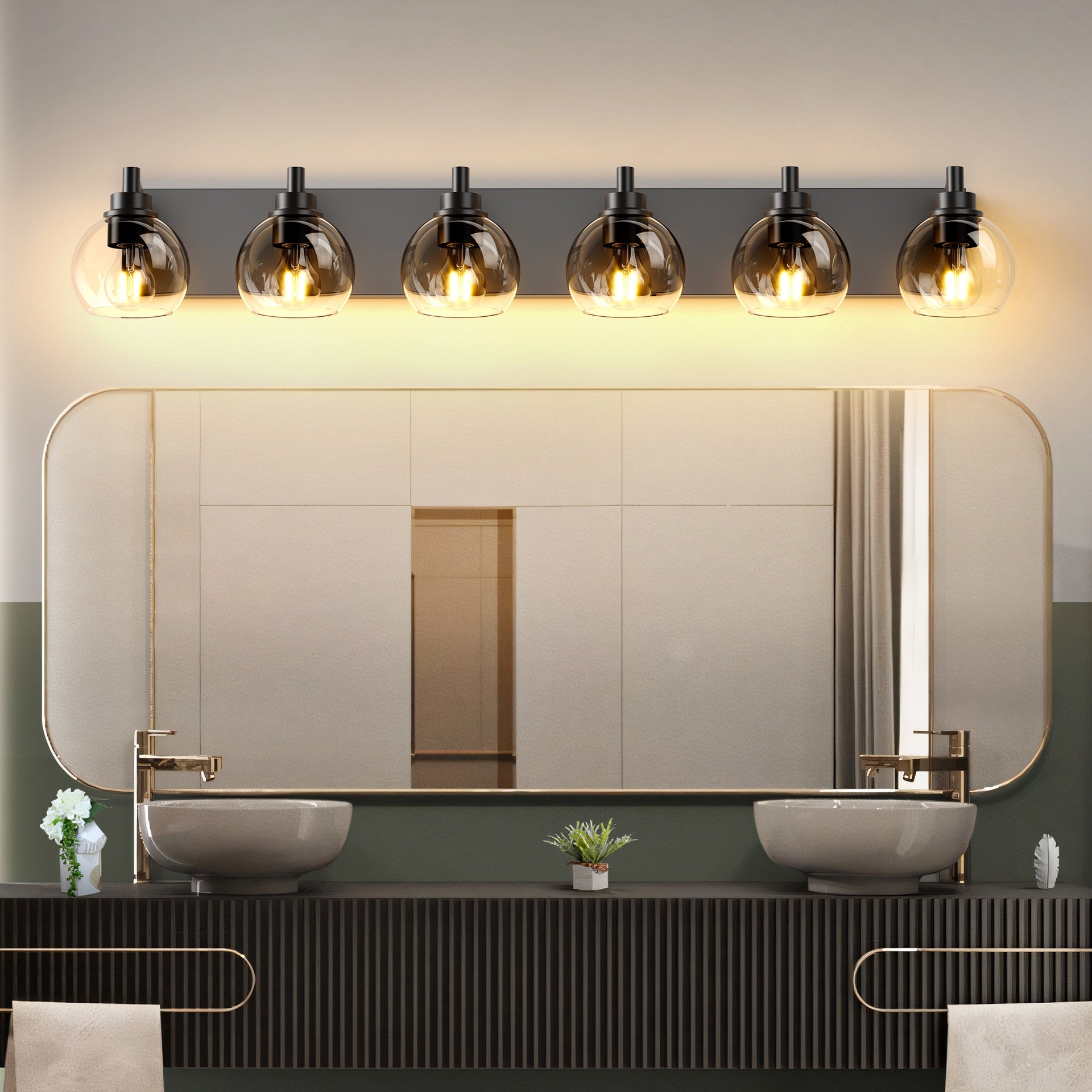 Farmhouse Bathroom Vanity Light Fixtures, 6-Light Bathroom Light Fixtures Over Mirror, Rustic Sconces Wall Lighting with Glass Shade for Living Room, Bedroom, Hallway