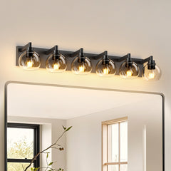 Farmhouse Bathroom Vanity Light Fixtures, 6-Light Bathroom Light Fixtures Over Mirror, Rustic Sconces Wall Lighting with Glass Shade for Living Room, Bedroom, Hallway