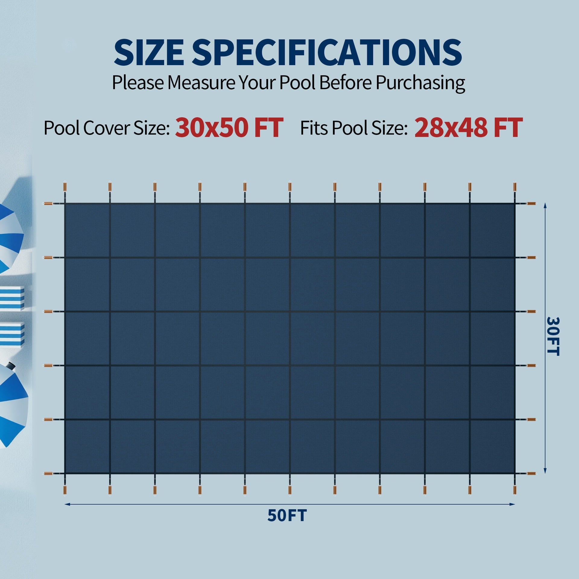 Swimming Pool Safety Cover, Fits 30x50ft Rectangular underground and Inground Swimming Pools, Triple Stitched High Strength Mesh PP Abrasion Resistant  Installation Hardware Included,Blue Mesh