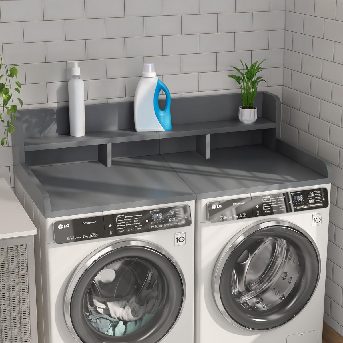 Washer Dryer Countertop with Non-slip Pads, Laundry Wood Shelf Topper with Edge, 54" Width x 27.5" Depth Double Layer Organizer for Washer and Dryer Laundry Hamper Counter Storage Organization (GRAY)