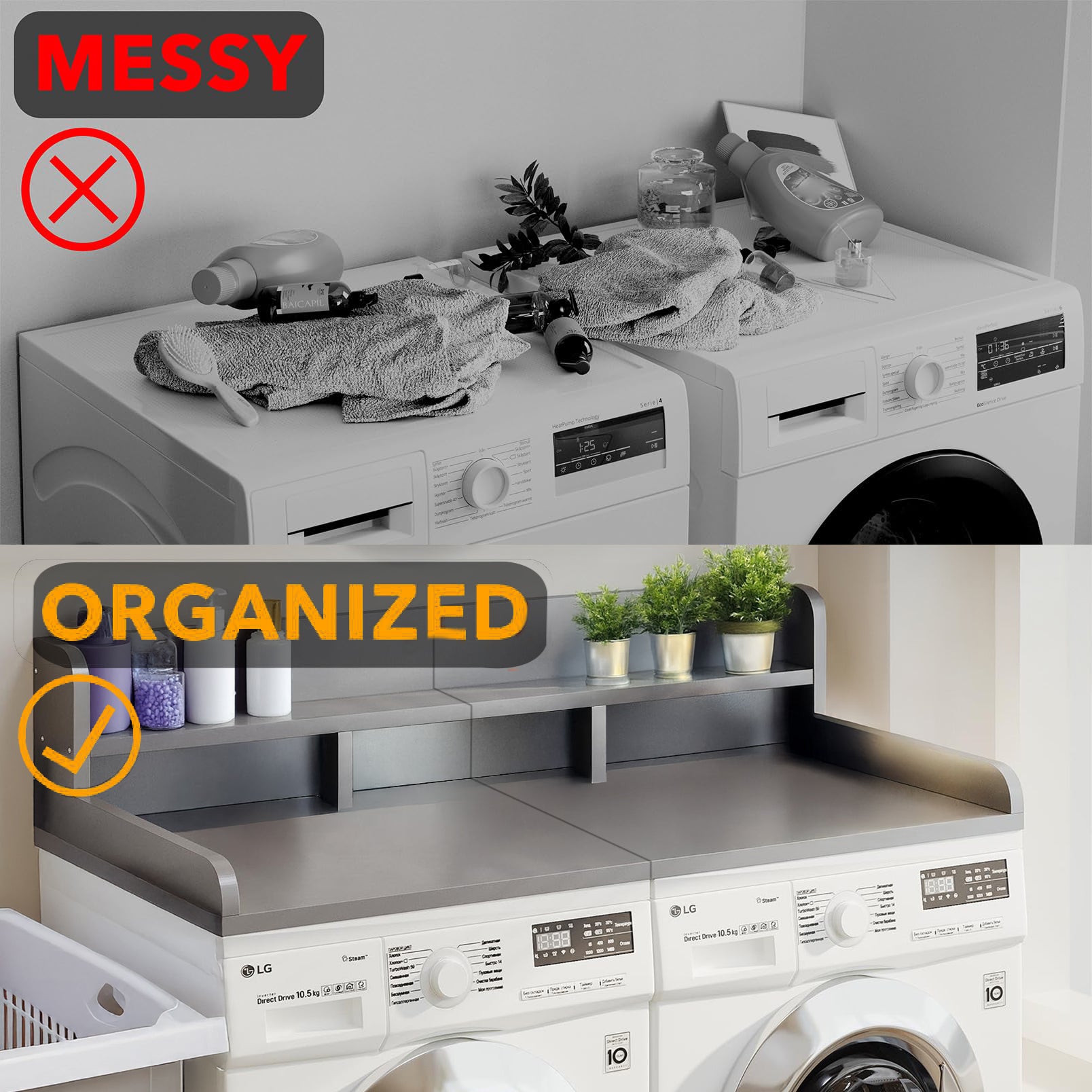 Washer Dryer Countertop with Non-slip Pads, Laundry Wood Shelf Topper with Edge, 54" Width x 27.5" Depth Double Layer Organizer for Washer and Dryer Laundry Hamper Counter Storage Organization (GRAY)