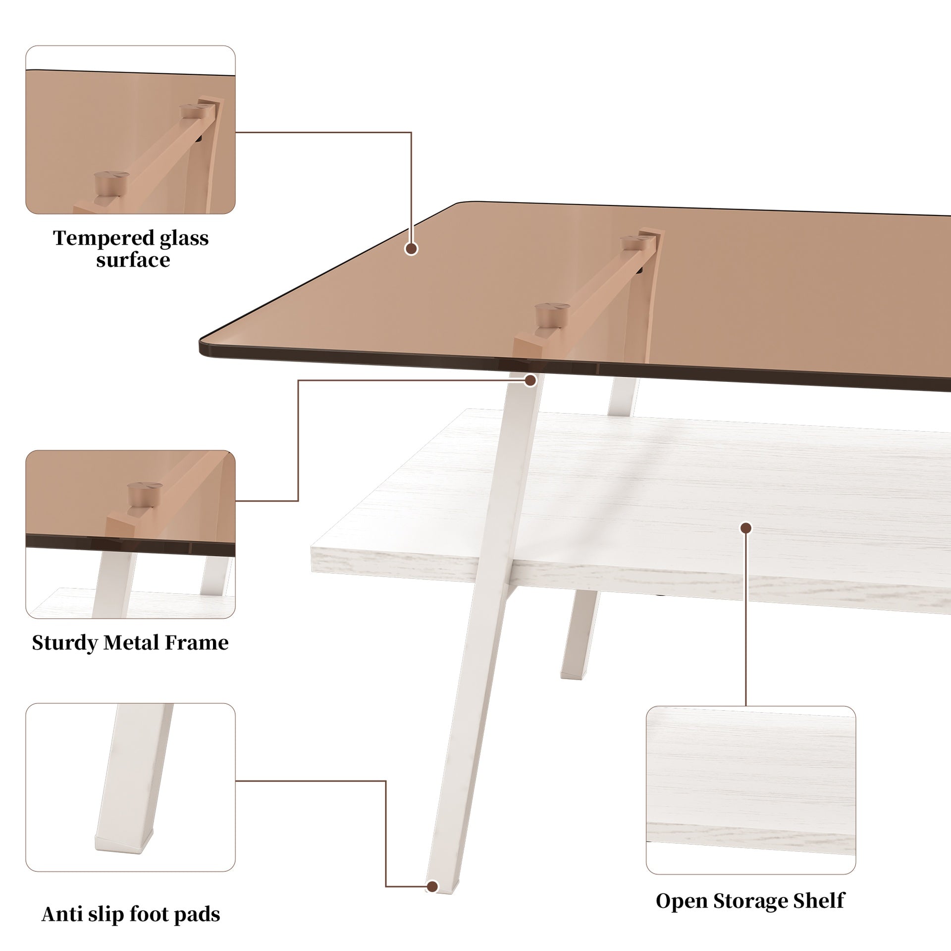 Coffee Table and End tables Set of 3, Tempered Glass Table with MDF layer, Modern Tables for Living Room , Brown Glass