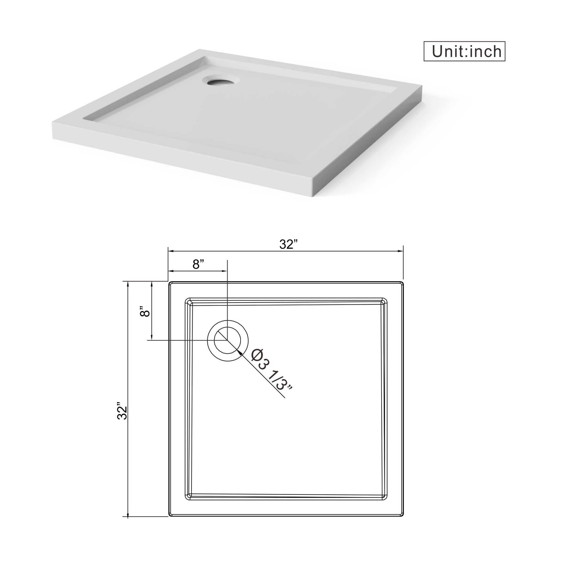 Goodyo 32x32 in Shower Base, Centered Drain No Threshold Shower Pan, White