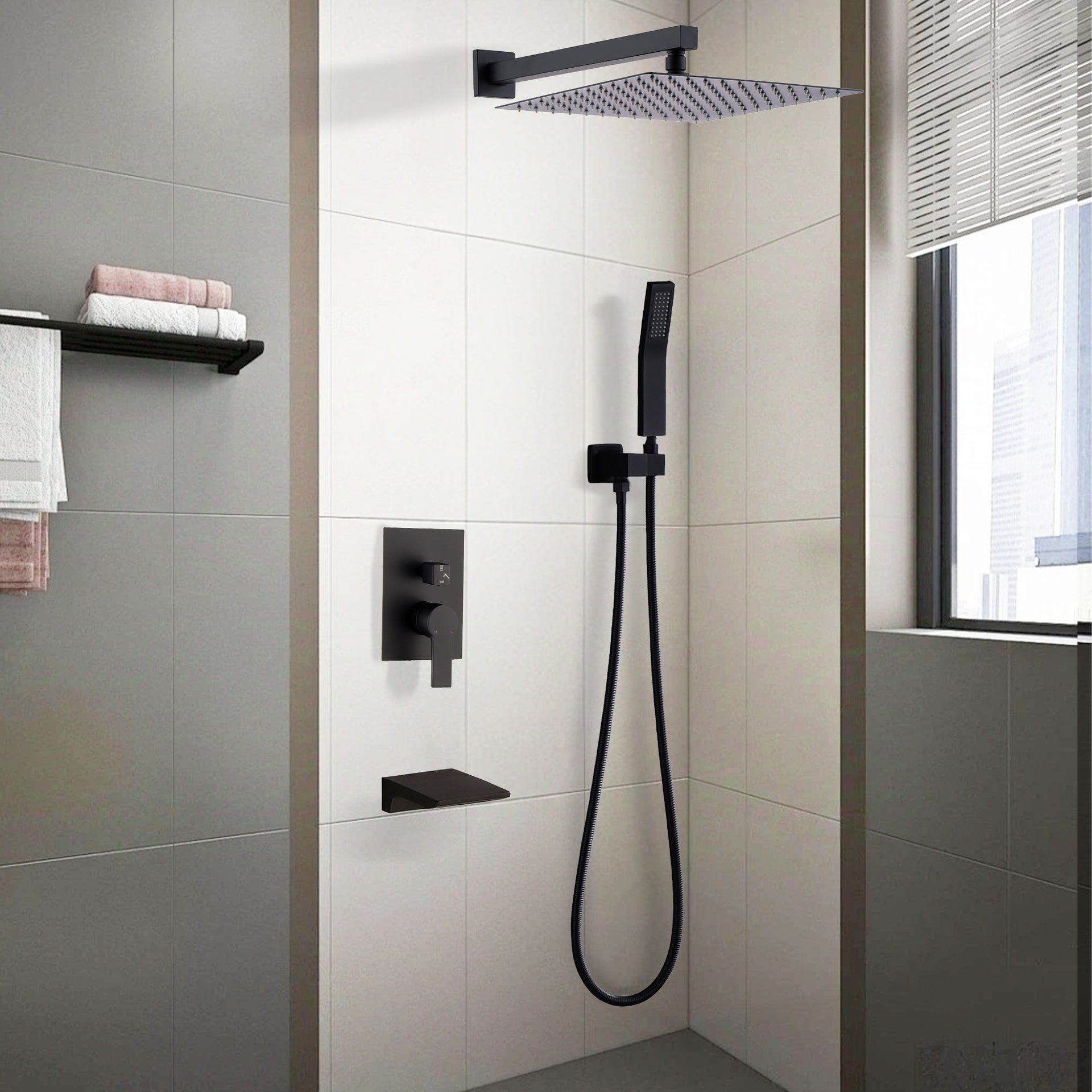 Black Shower Faucet Set Rainfall Shower System with Rainfall Shower Head and Handle Set Modern Shower Fixtures 10 Inch Shower Head with Handheld Combo Shower Valve Included Matte Black