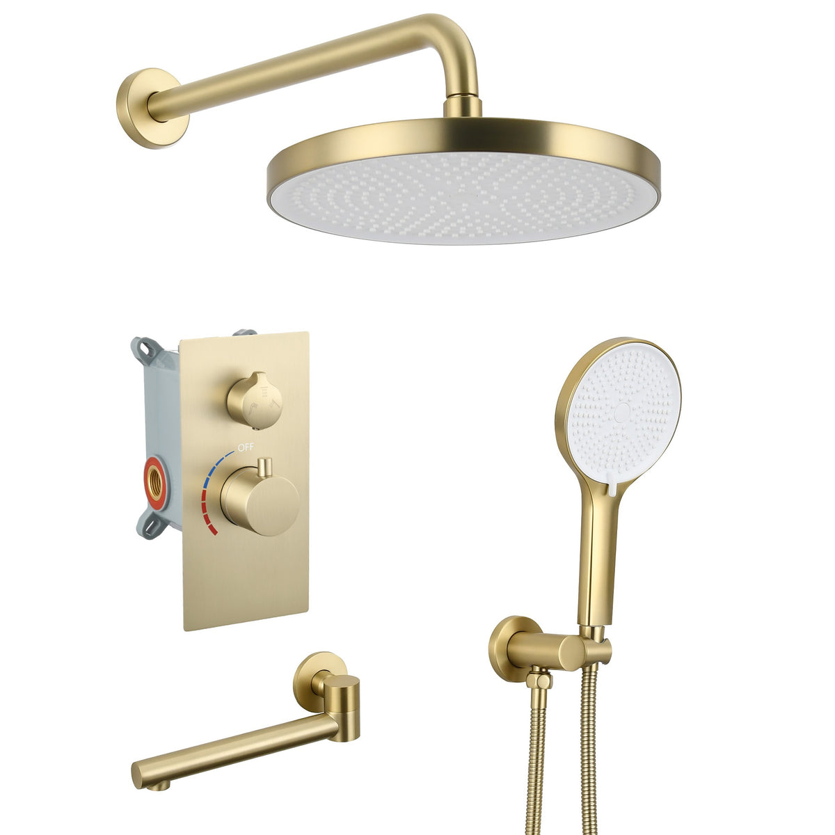 Luxury 3-Function Shower System Set - Solid Brass Control Valve, 10" Overhead Shower, 3-Spray Handheld, with Bathtub Spout