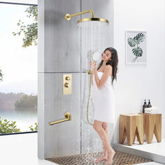 Luxury 3-Function Shower System Set - Solid Brass Control Valve, 10" Overhead Shower, 3-Spray Handheld, with Bathtub Spout