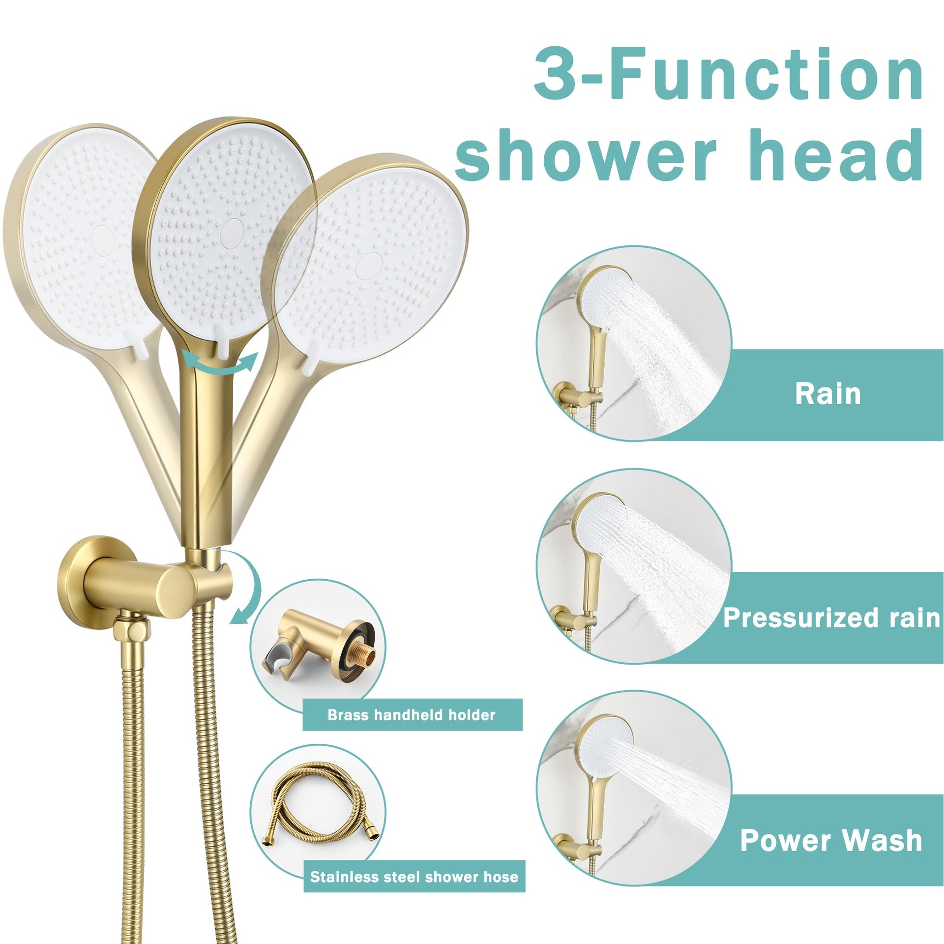 Luxury 3-Function Shower System Set - Solid Brass Control Valve, 10" Overhead Shower, 3-Spray Handheld, with Bathtub Spout