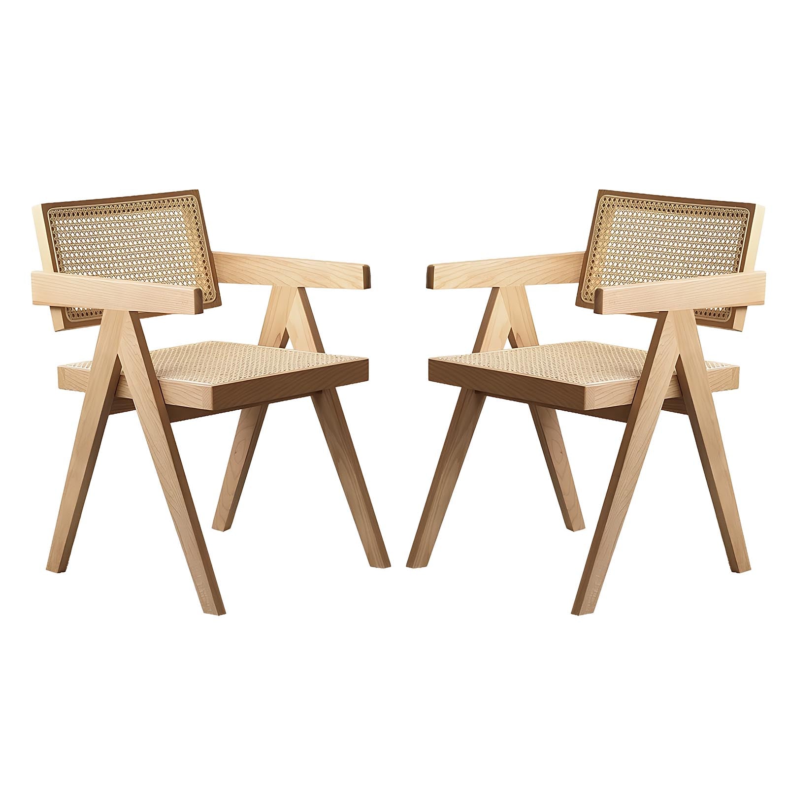 Modern Mid Century Dining Chairs Set of 2, Rattan Accent Chairs, Comfy Armchairs, Outdoor Wood Chairs with Armrest for Bedroom Living Room Reading Room Dining Kitchen, Wood Color