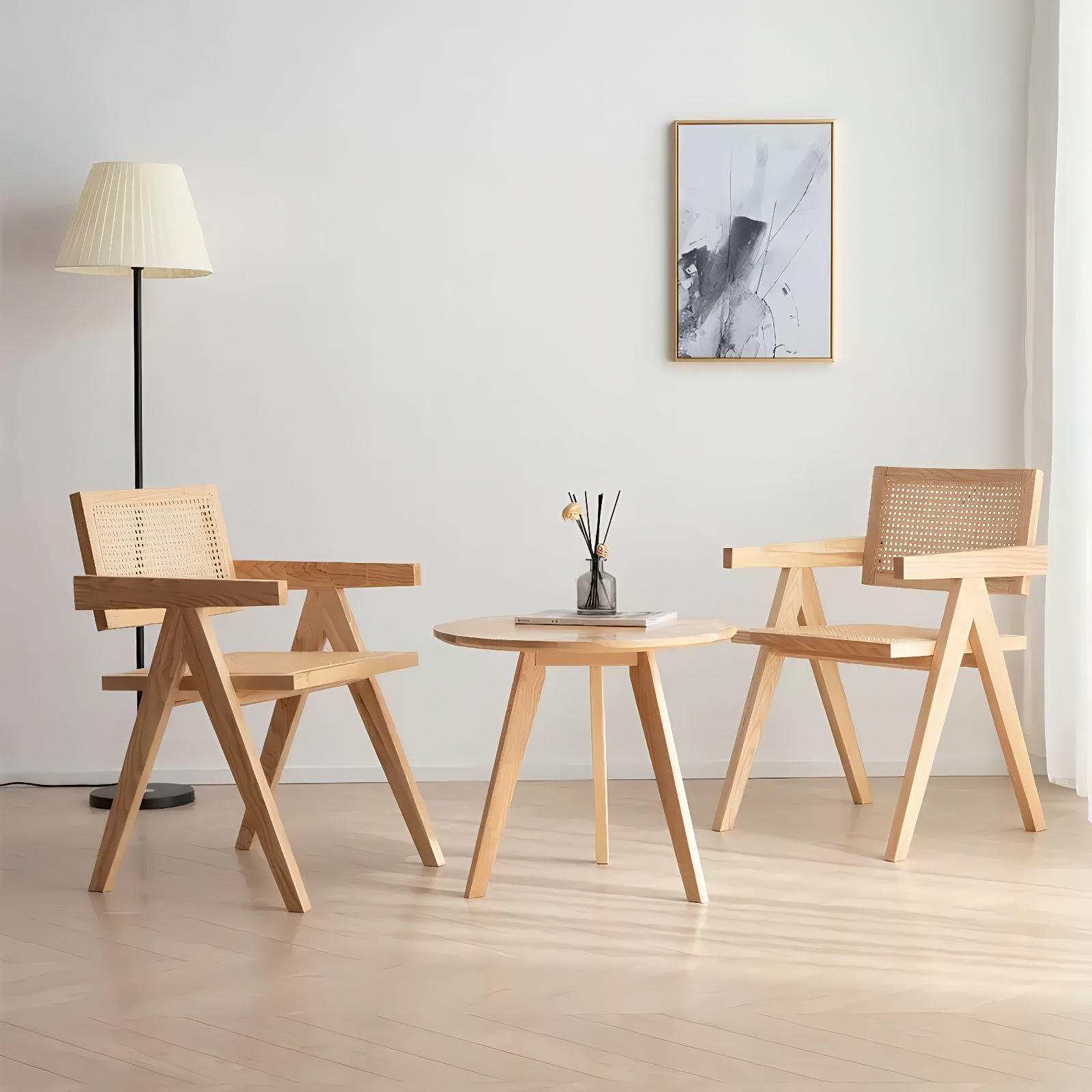 Modern Mid Century Dining Chairs Set of 2, Rattan Accent Chairs, Comfy Armchairs, Outdoor Wood Chairs with Armrest for Bedroom Living Room Reading Room Dining Kitchen, Wood Color