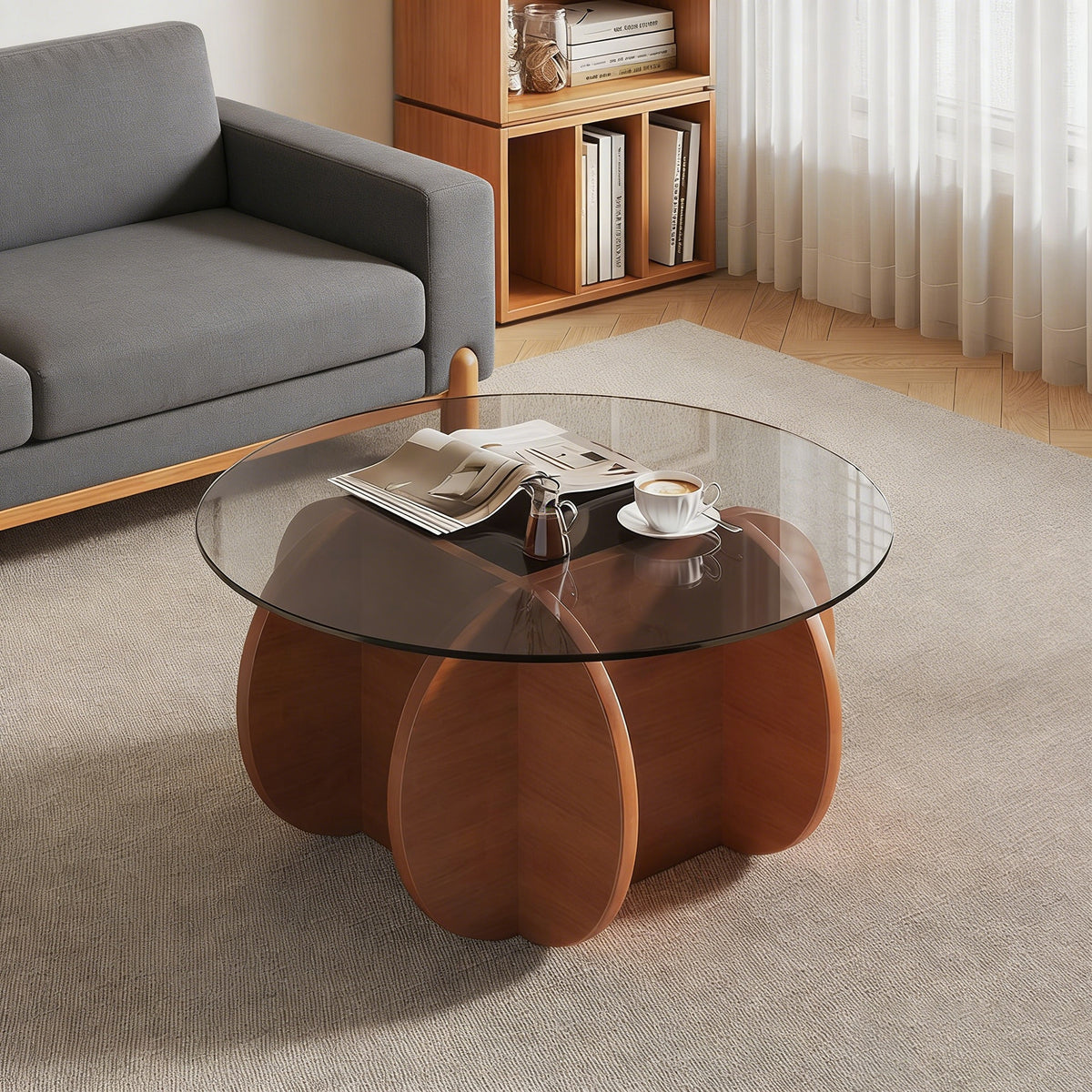 Modern Round Coffee Table for Living Room, 31.5" x 31.5" x 15.7" Mid Century Center Table with Tempered Glass Top and Wood, Walnut