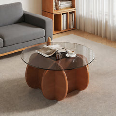 Modern Round Coffee Table for Living Room, 31.5" x 31.5" x 15.7" Mid Century Center Table with Tempered Glass Top and Wood, Walnut