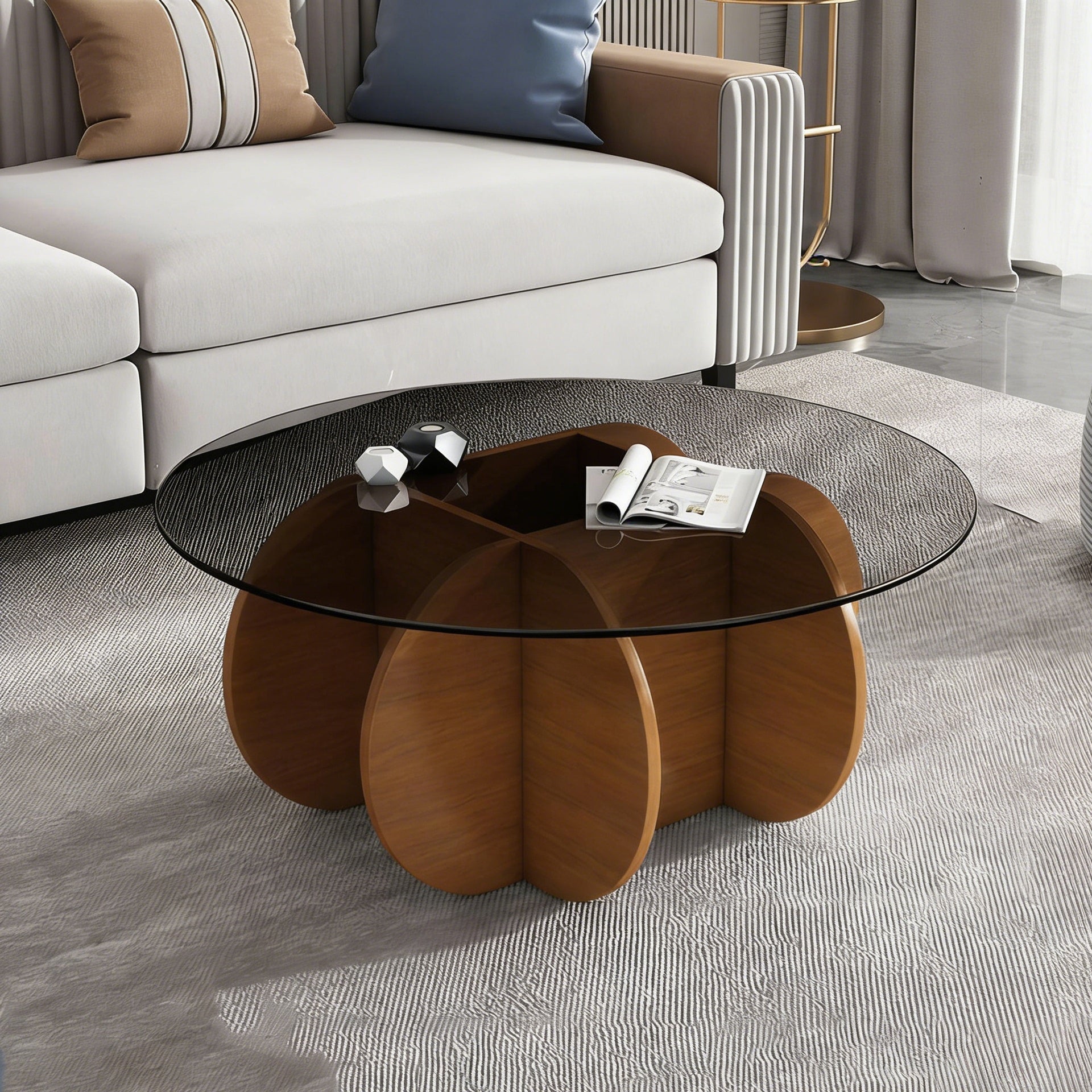 Modern Round Coffee Table for Living Room, 31.5" x 31.5" x 15.7" Mid Century Center Table with Tempered Glass Top and Wood, Walnut