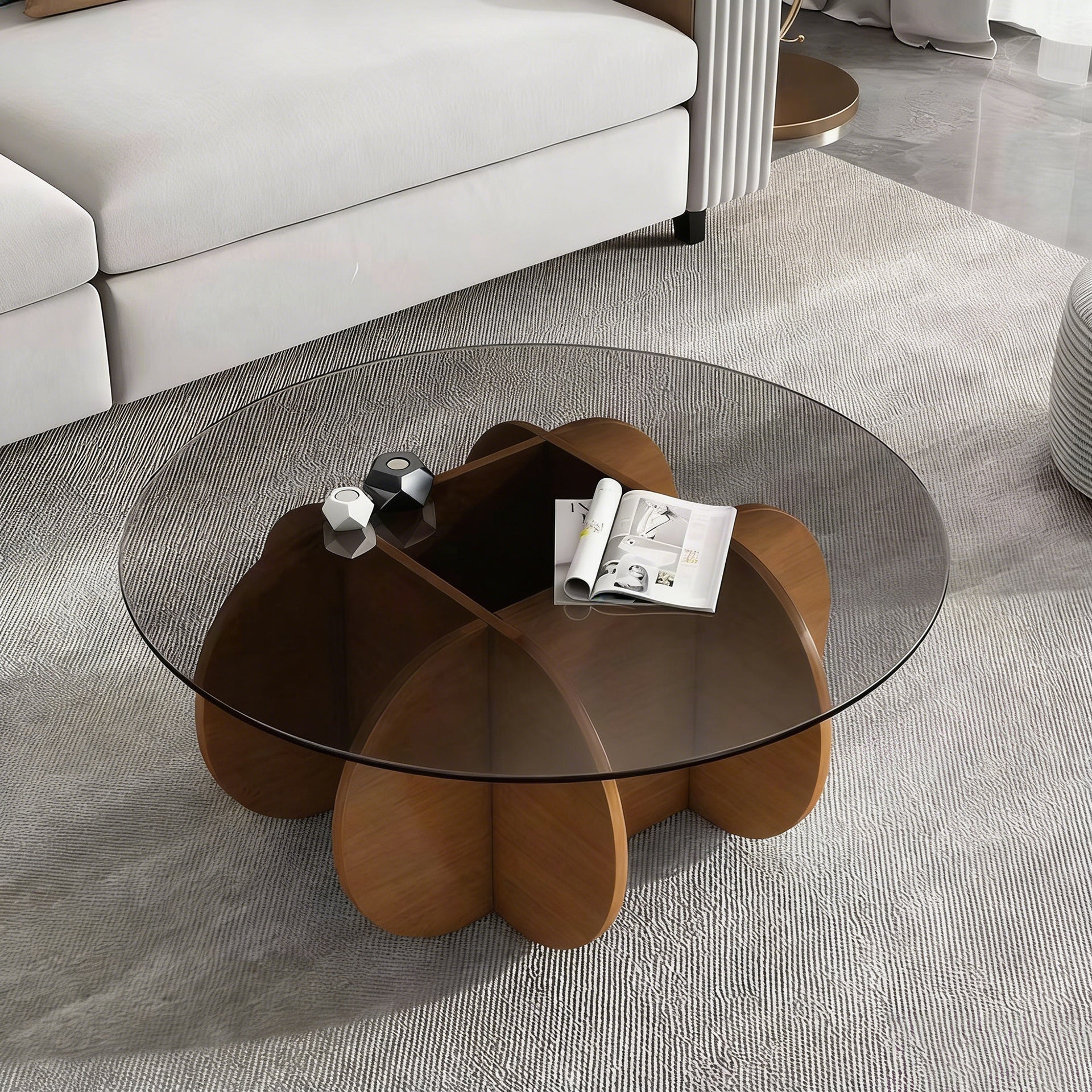 Modern Round Coffee Table for Living Room, 31.5" x 31.5" x 15.7" Mid Century Center Table with Tempered Glass Top and Wood, Walnut
