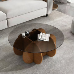 Modern Round Coffee Table for Living Room, 31.5" x 31.5" x 15.7" Mid Century Center Table with Tempered Glass Top and Wood, Walnut
