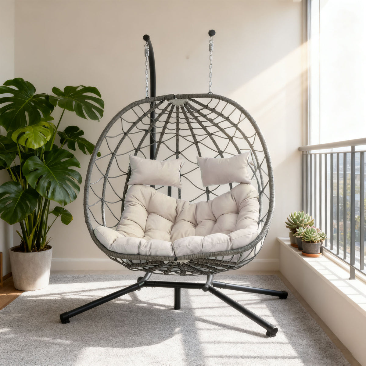 2 Persons Egg Chair with Stand Indoor Outdoor Swing Chair Patio Wicker Hanging Egg Chair Hanging Basket Chair with Stand for Bedroom Living Room Balcony