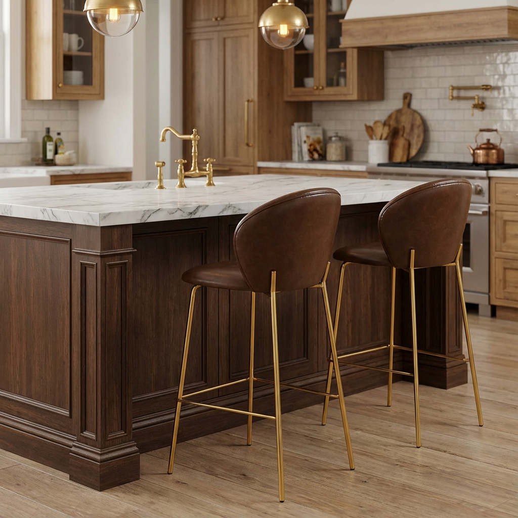 Kira Indoor Upholstered Bar Stool, Dark Brown Faux Leather with Metal Frame, Set of 2
