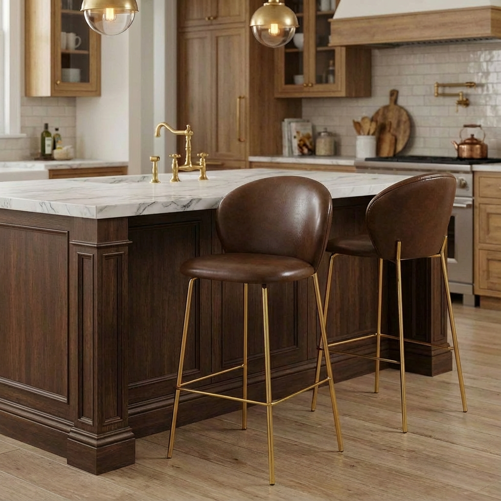 Kira Indoor Upholstered Bar Stool, Dark Brown Faux Leather with Metal Frame, Set of 2