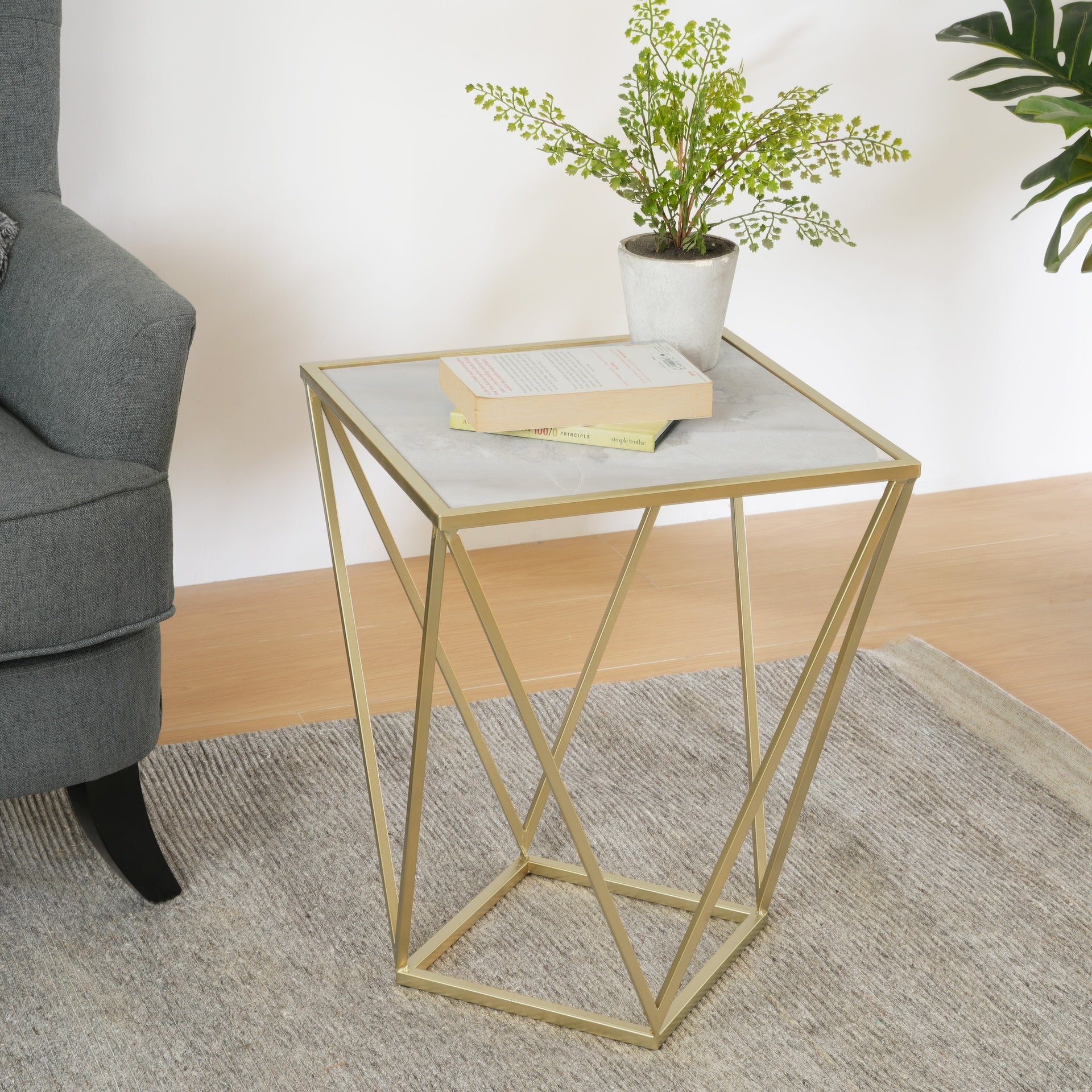 CREATIVE SIMPLE GLASS SIDE TABLE,GOLD+WHITE COLOR