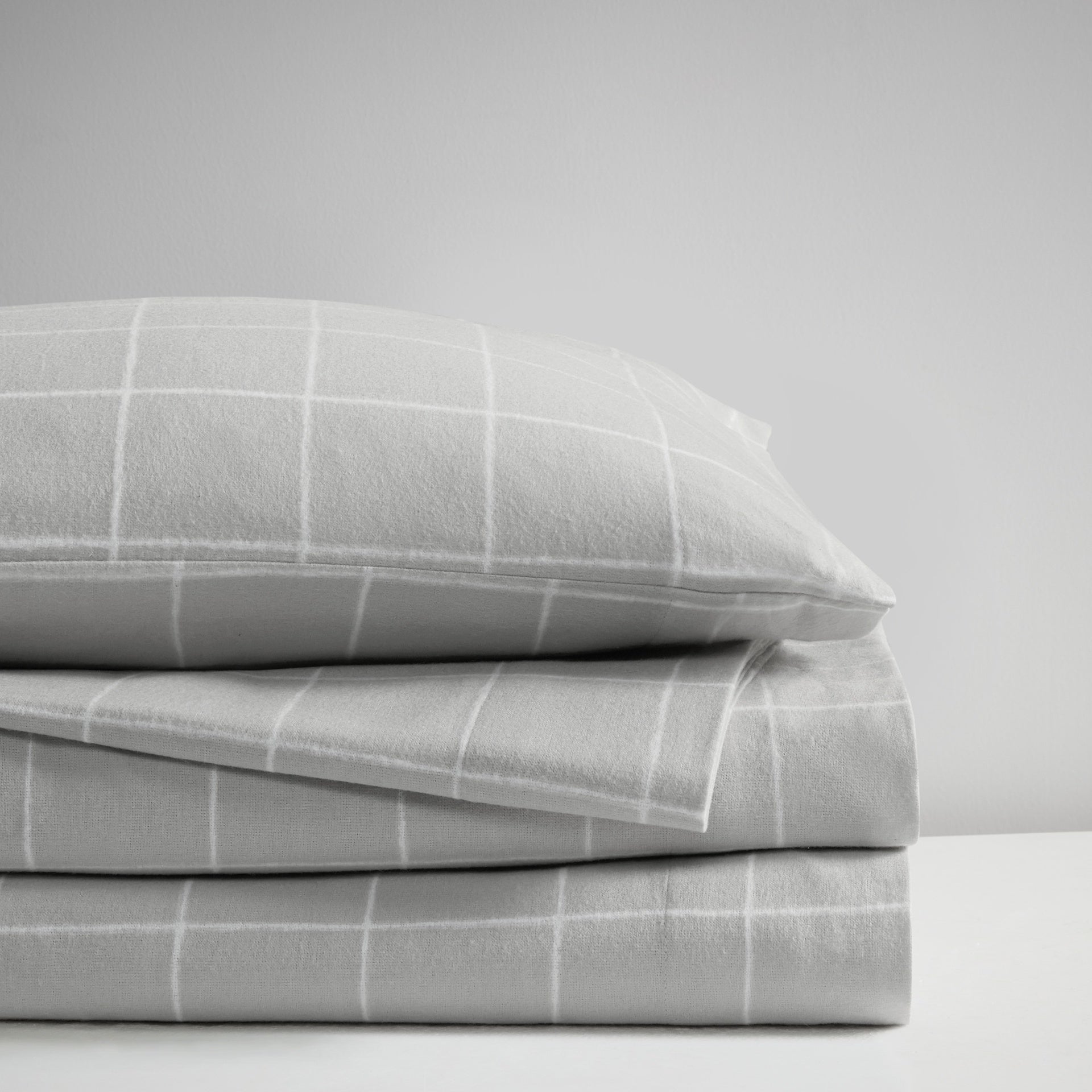 4-Piece Cal King 100% Cotton Flannel Printed Sheet Set, Grey Windowpane