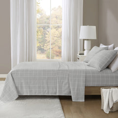 4-Piece Cal King 100% Cotton Flannel Printed Sheet Set, Grey Windowpane