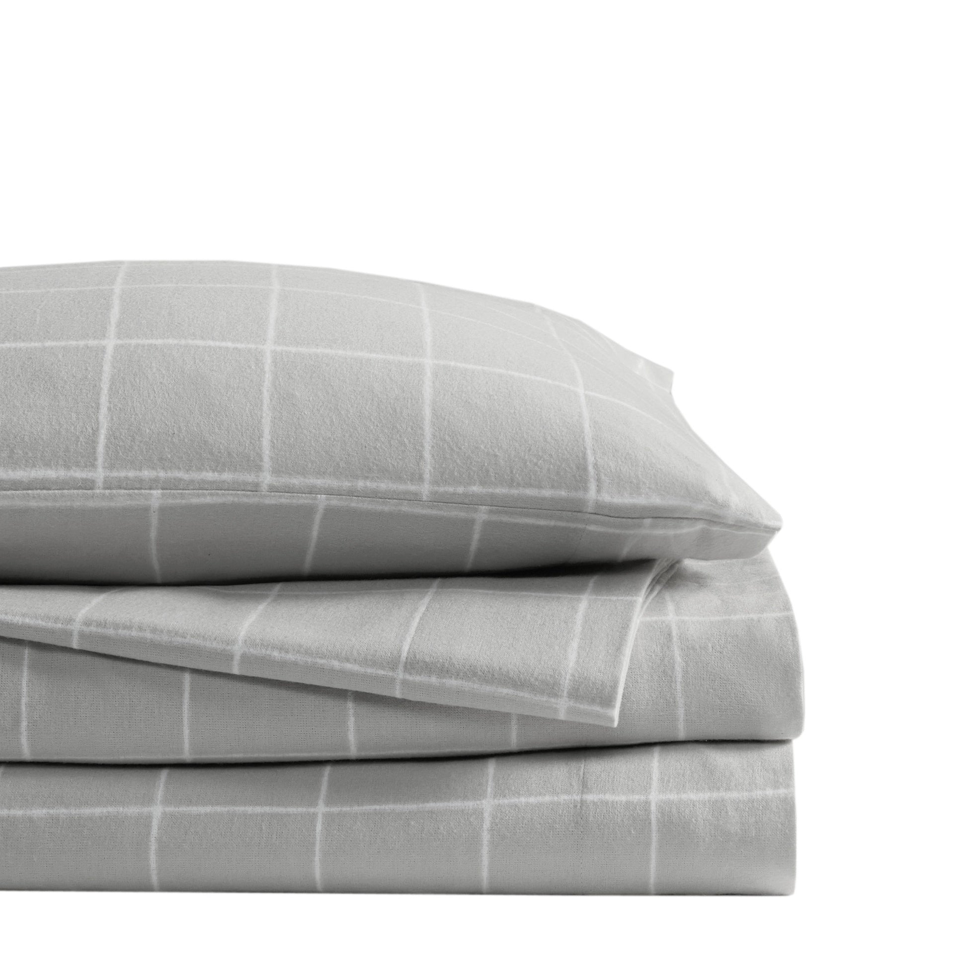 4-Piece Cal King 100% Cotton Flannel Printed Sheet Set, Grey Windowpane