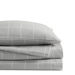4-Piece Cal King 100% Cotton Flannel Printed Sheet Set, Grey Windowpane