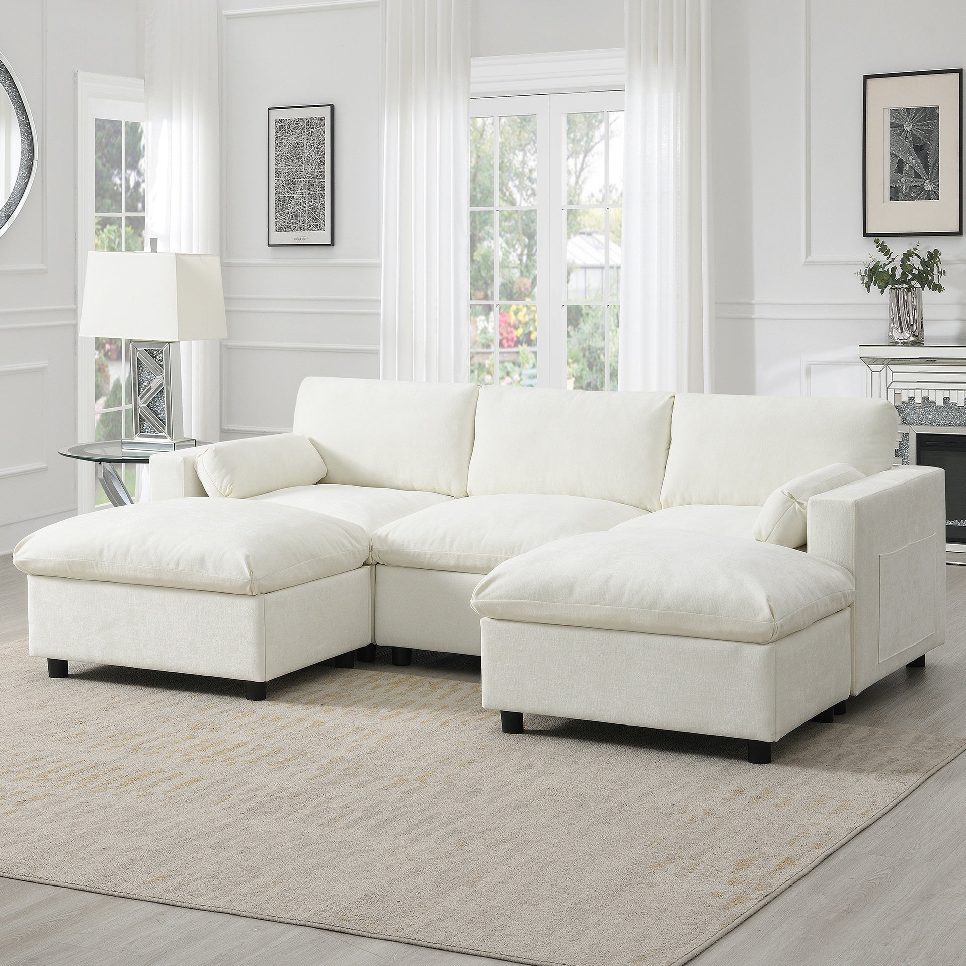 86.5'' U-Shaped Sectional Sofa with Storage Pockets, 2 Movable Ottoman, Armrest Pillows, Free Combination, 5-Seat Modern Cloud Sofa for Living Room&Apartment, Chenille, 3 Colors